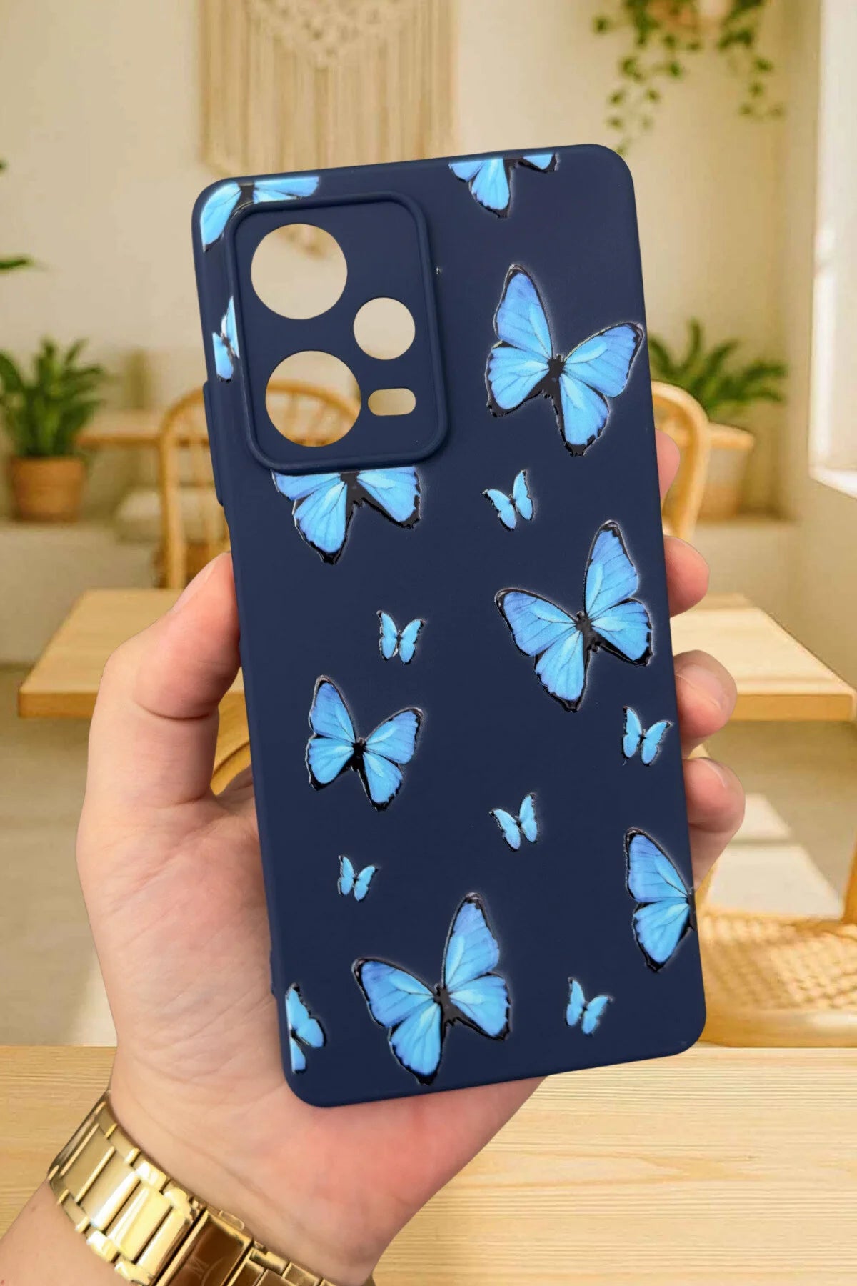 Xiaomi Redmi Note 12 Pro5G-MAVİ KELEBEK DESENLİ Silikon Darbe Emici Klasik Korumalı Rubber Kılıf