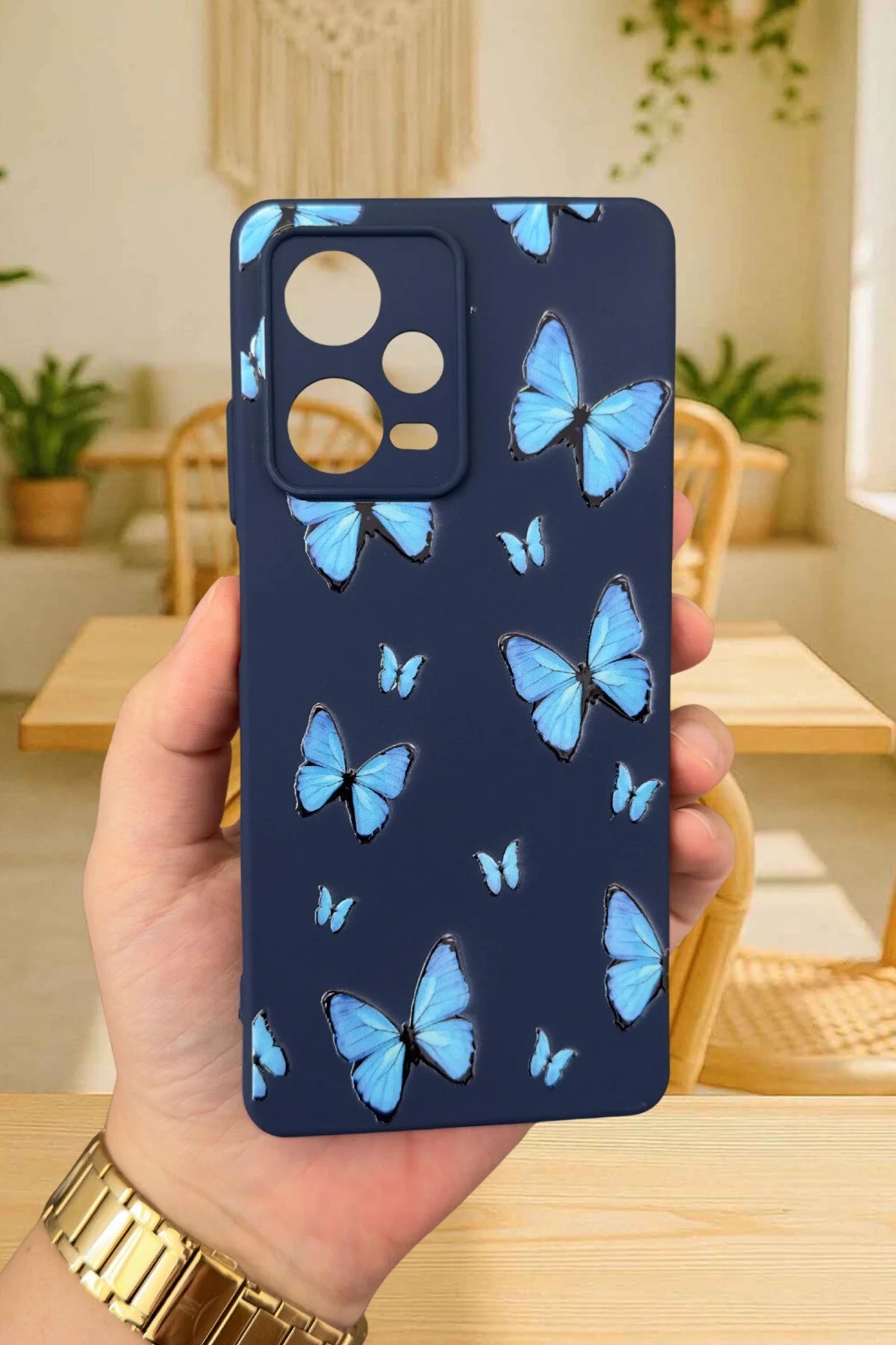 Xiaomi Redmi Note 12 Pro5G-MAVİ KELEBEK DESENLİ Silikon Darbe Emici Klasik Korumalı Rubber Kılıf