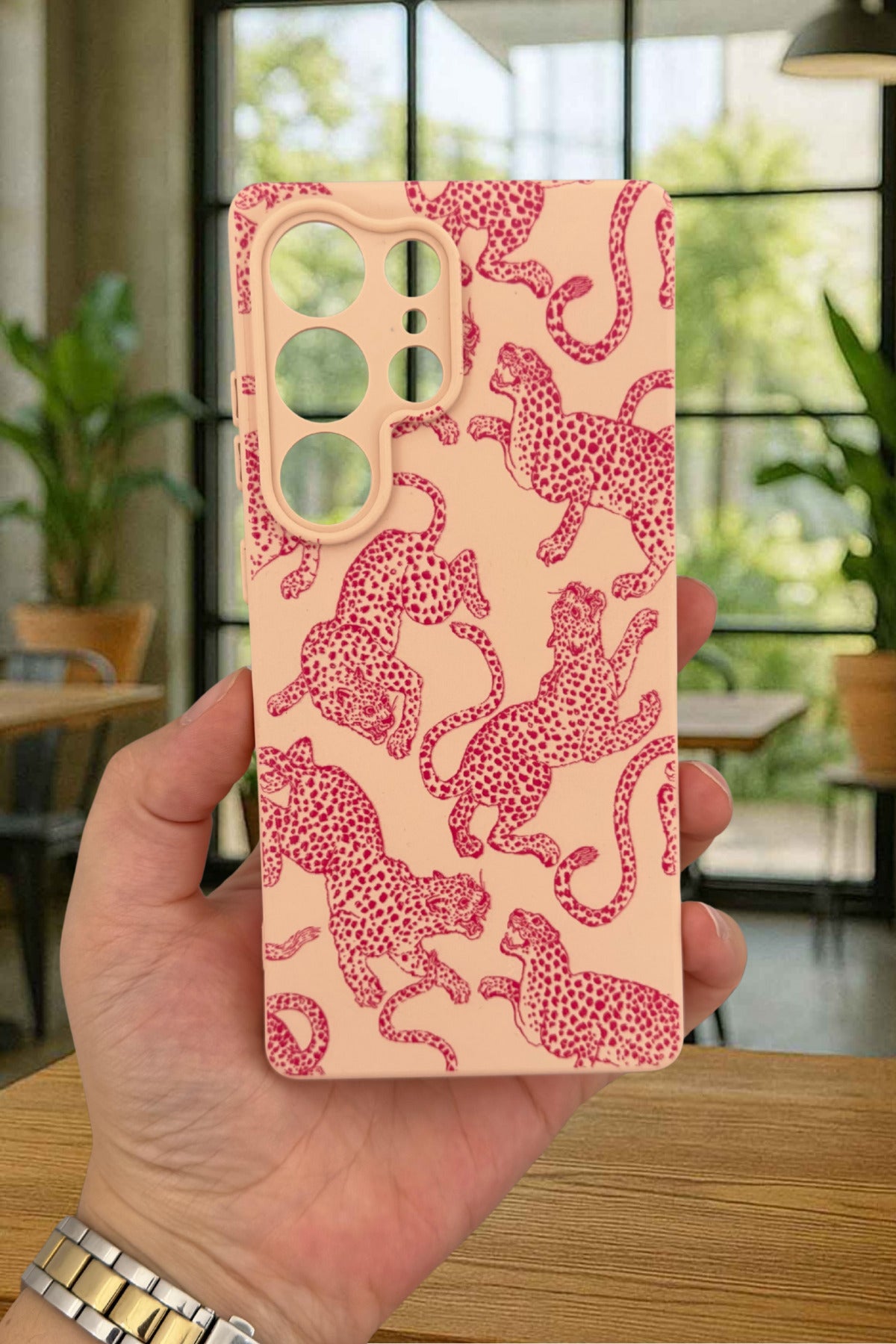 Samsung Galaxy S25 Ultra - Pembe Leopar Desenli Silikon Darbe Emici Klasik Korumalı Rubber Kılıf