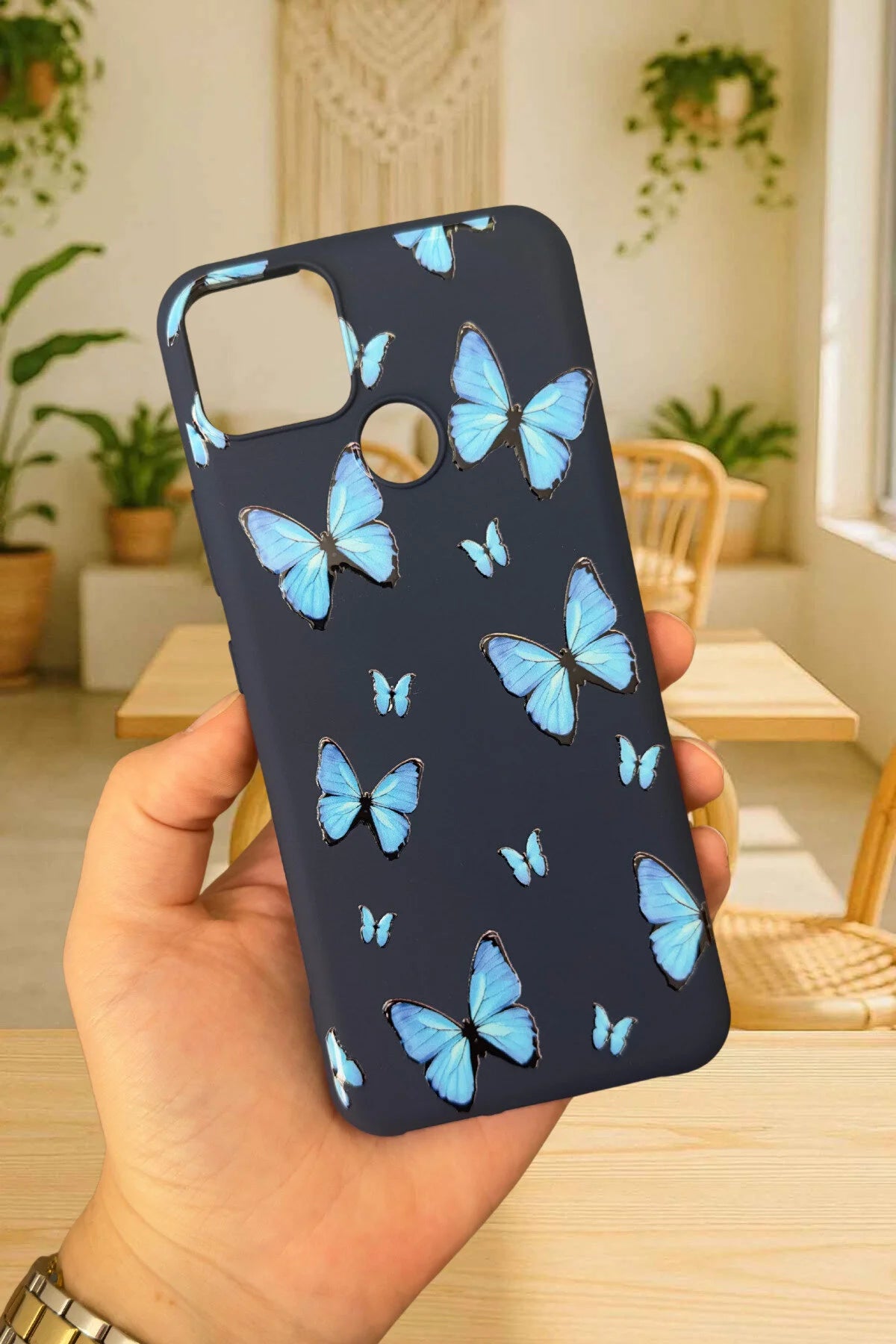 Realme C25 - MAVİ KELEBEK DESENLİ Silikon Darbe Emici Klasik Korumalı Rubber Kılıf