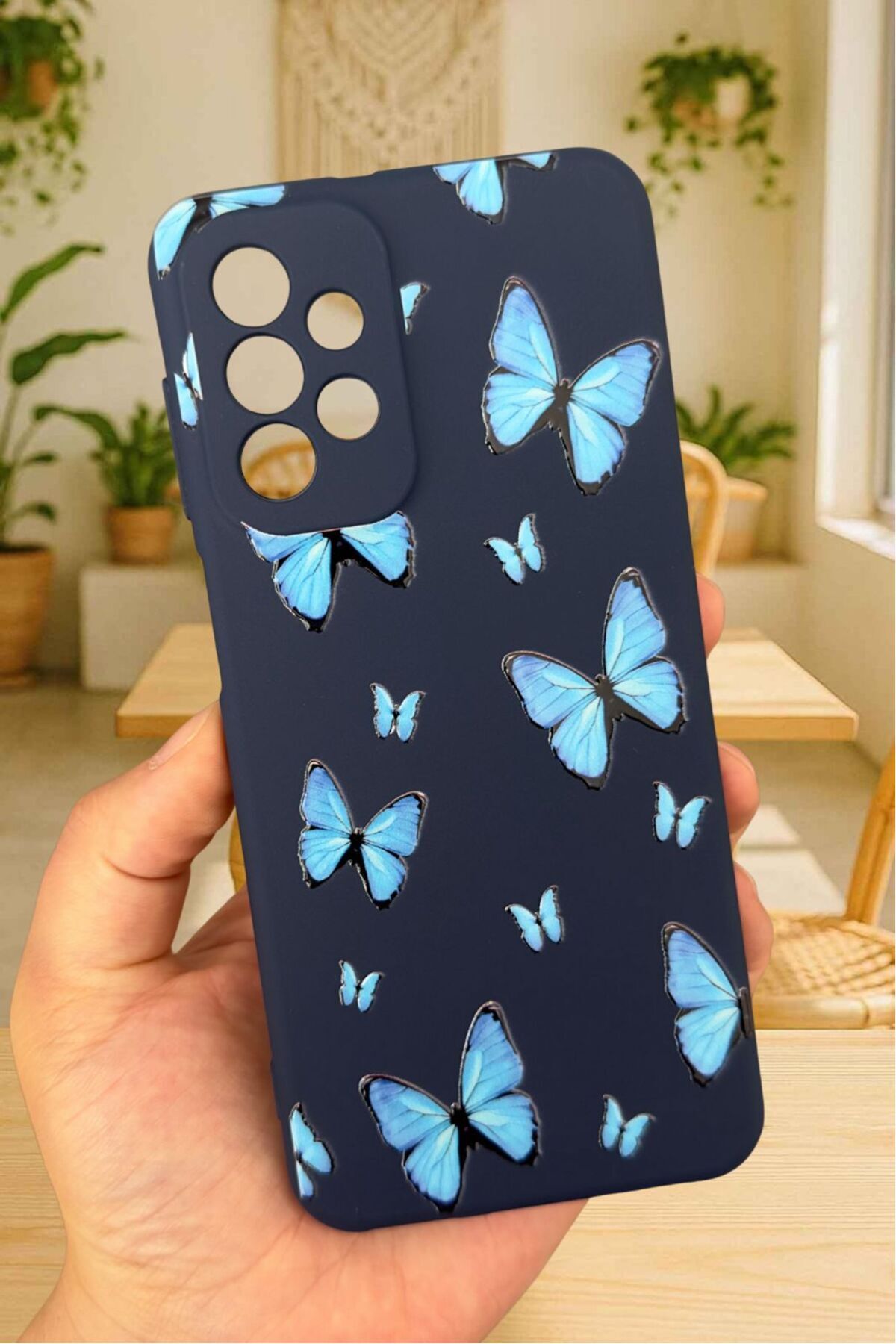 Samsung Galaxy A23 Uyumlu Mavi Kelebek Desenli Silikon Darbe Emici Klasik Korumalı Rubber Kılıf