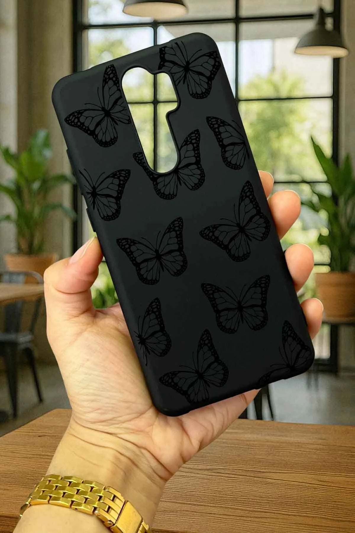 Xiaomi Redmi Note 8 Pro SİYAH KELEBEK DESENLİ Silikon Darbe Emici Klasik Korumalı Rubber Kılıf