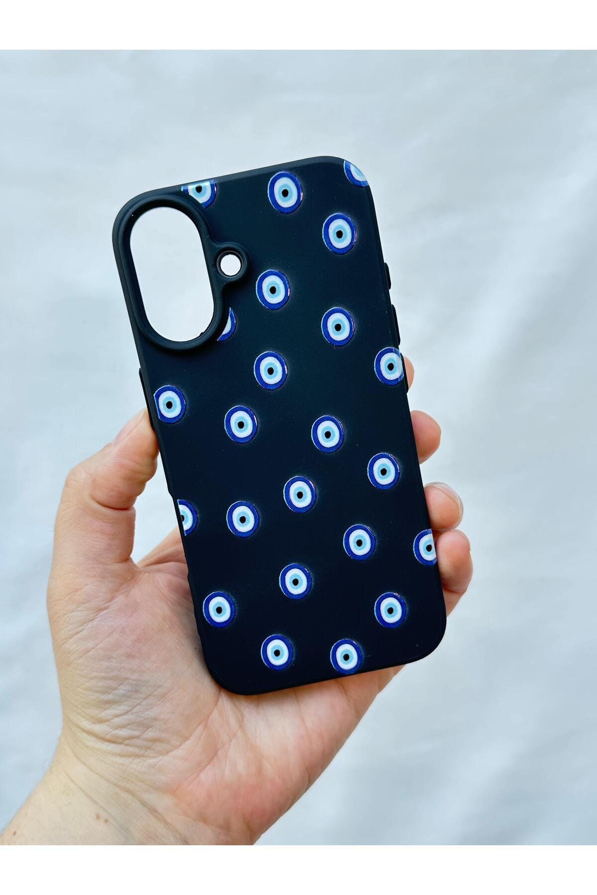 iPhone 16 -NAZAR BONCUK DESENLİ Silikon Darbe Emici Klasik Korumalı Rubber Kılıf