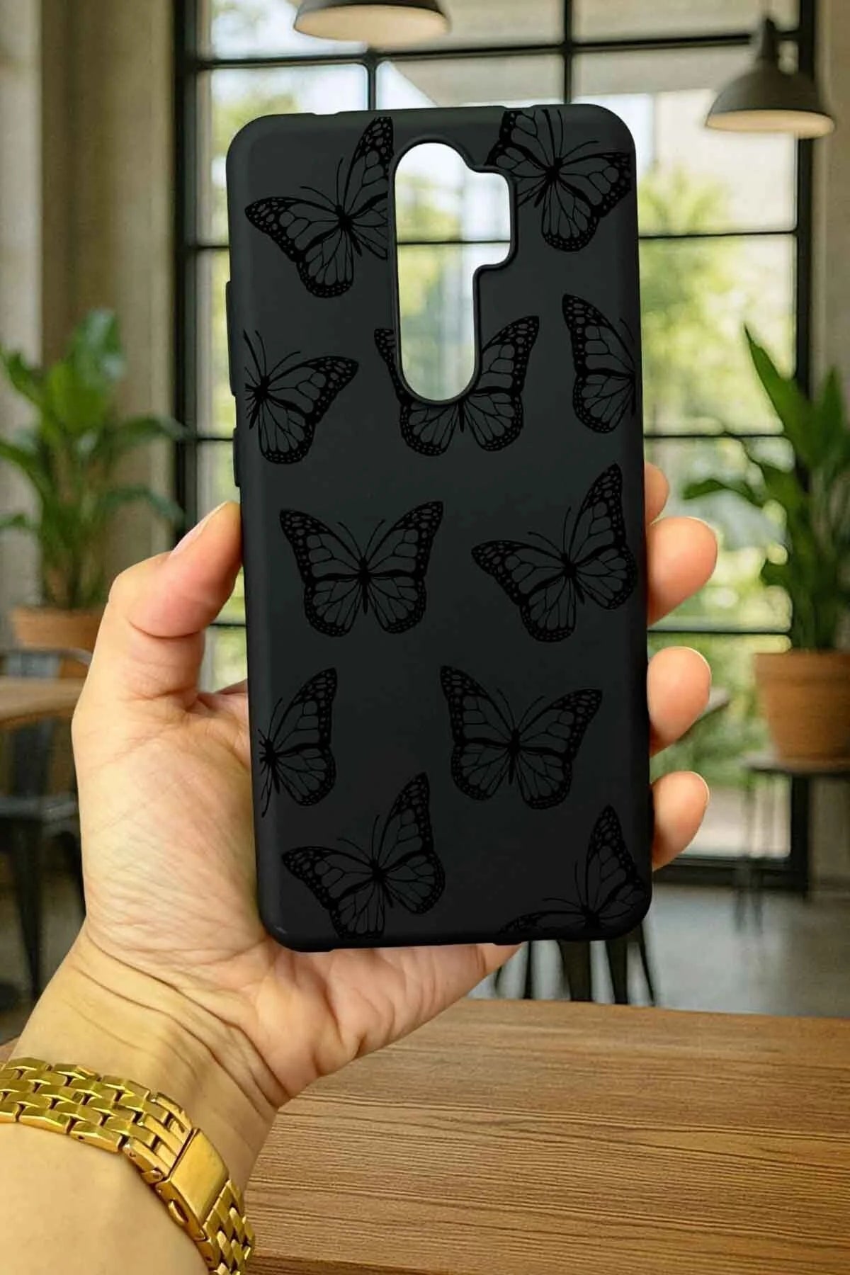 Xiaomi Redmi Note 8 Pro SİYAH KELEBEK DESENLİ Silikon Darbe Emici Klasik Korumalı Rubber Kılıf