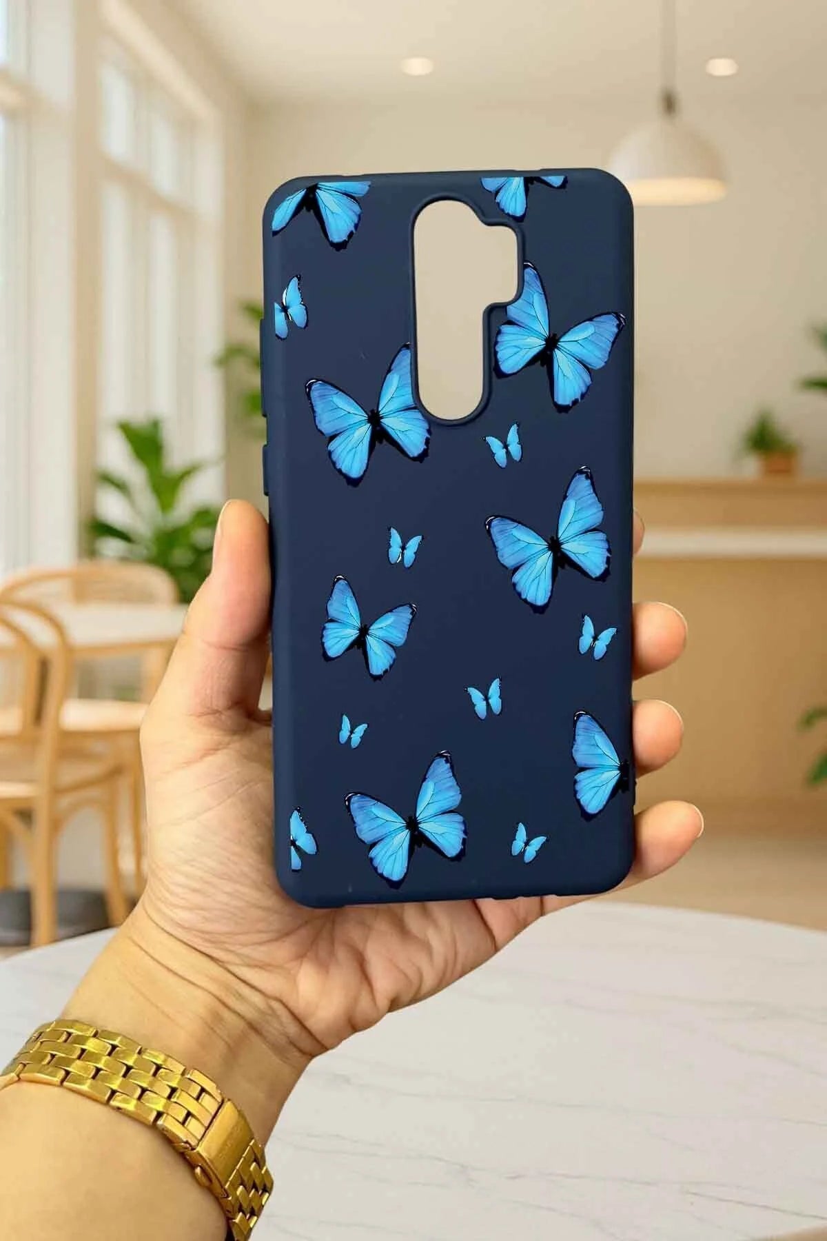 Xiaomi Redmi Note 8 Pro MAVİ KELEBEK DESENLİ Silikon Darbe Emici Klasik Korumalı Rubber Kılıf