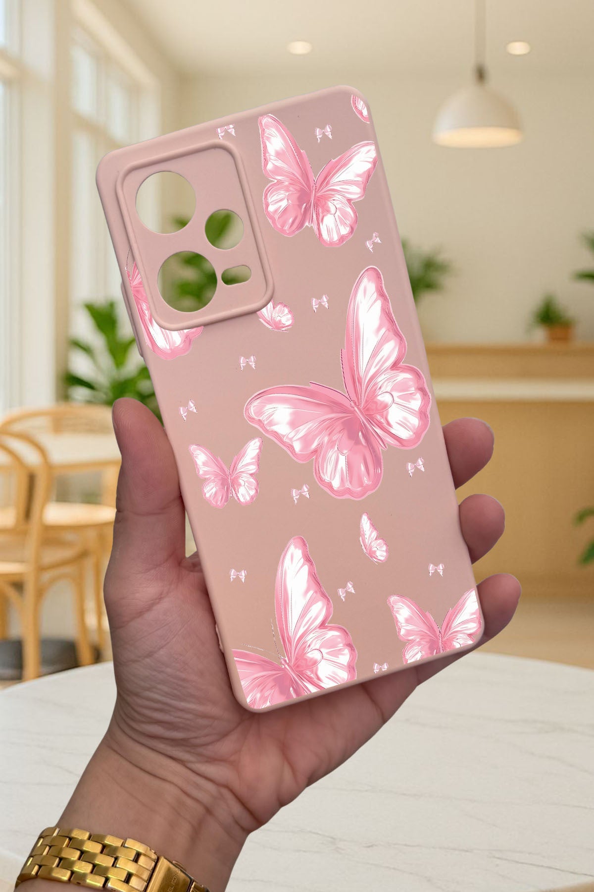 Redmi Note 12 Pro 5G PEMBE KELEBEK DESENLİ Silikon Darbe Emici Klasik Korumalı Rubber Kılıf