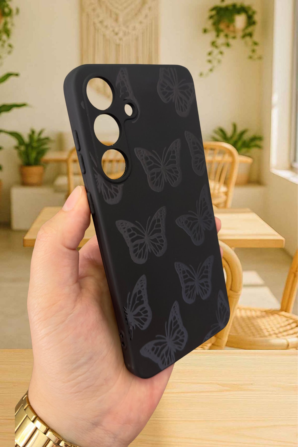 Samsung Galaxy S25 Plus- SİYAH KELEBEK DESENLİ Silikon Darbe Emici Klasik Korumalı Rubber Kılıf