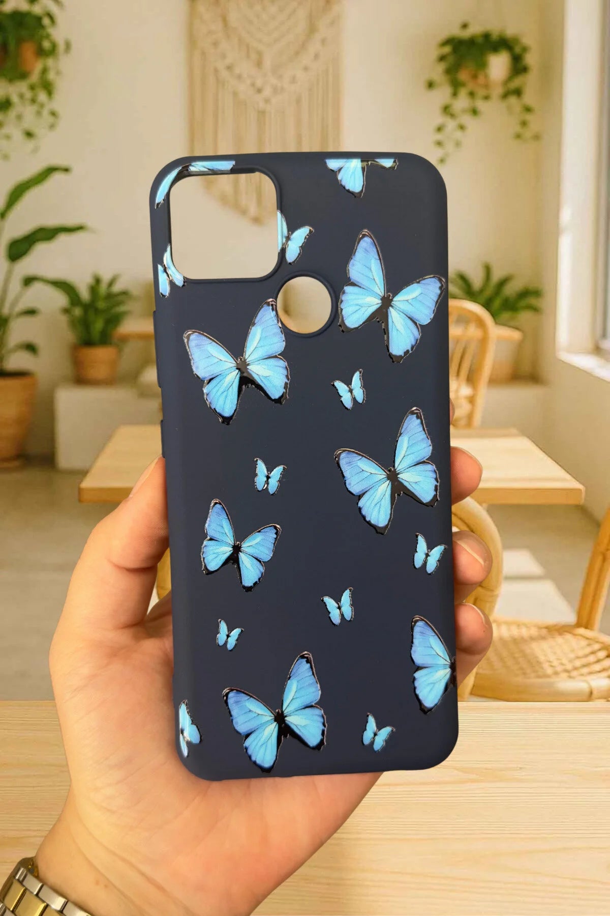 Realme C25 - MAVİ KELEBEK DESENLİ Silikon Darbe Emici Klasik Korumalı Rubber Kılıf
