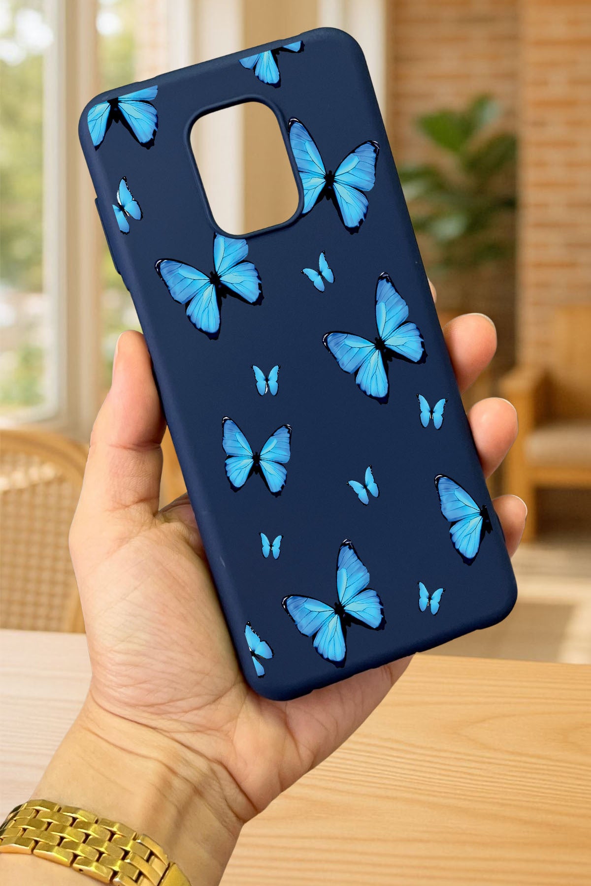 Redmi Note 9 Pro/9S Uyumlu MAVİ KELEBEK DESENLİ Silikon Darbe Emici Klasik Korumalı Rubber Kılıf