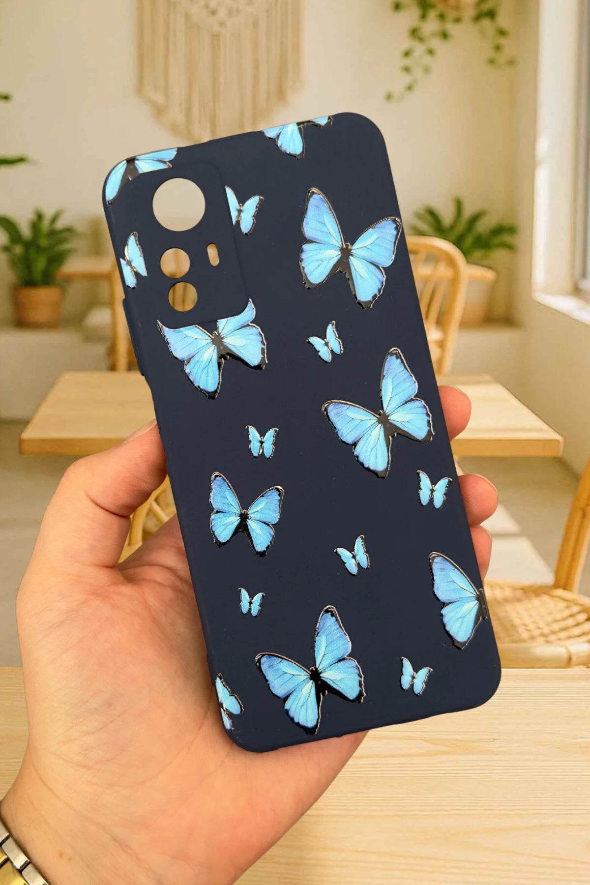 Xiaomi Redmi Note 12S - MAVİ KELEBEK DESENLİ Silikon Darbe Emici Klasik Korumalı Rubber Kılıf