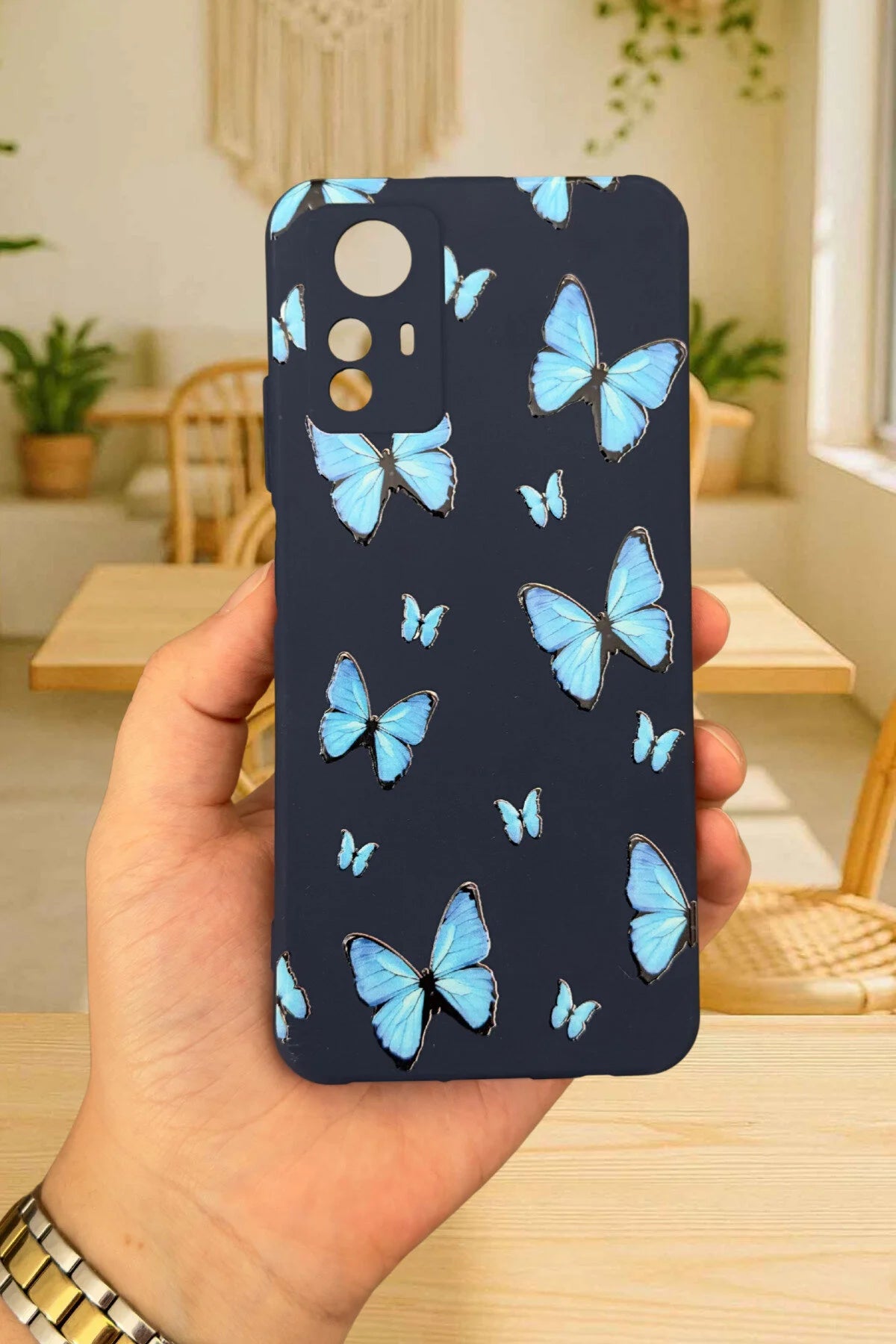 Xiaomi Redmi Note 12S - MAVİ KELEBEK DESENLİ Silikon Darbe Emici Klasik Korumalı Rubber Kılıf