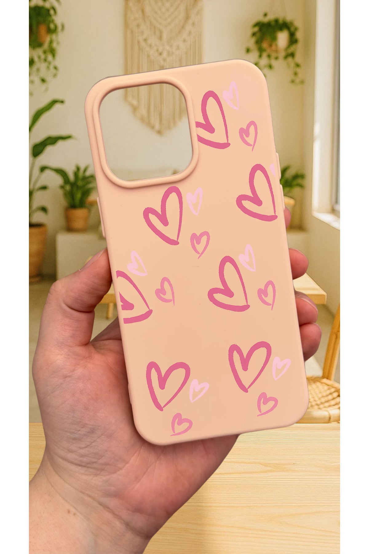 iPhone 16 Pro Max -PEMBE KALP DESENLİ Silikon Darbe Emici Klasik Korumalı Rubber Kılıf