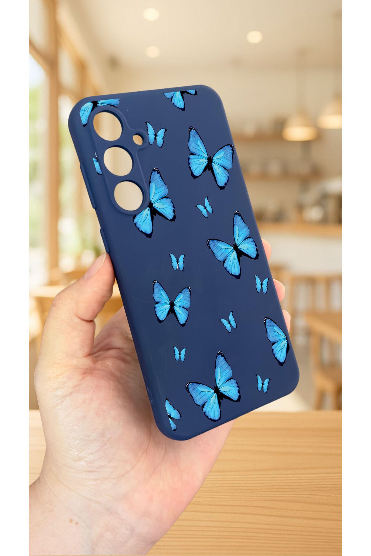 Samsung Galaxy S24FE -MAVİ KELEBEK DESEN Silikon Darbe Emici Klasik Korumalı Rubber Kılıf