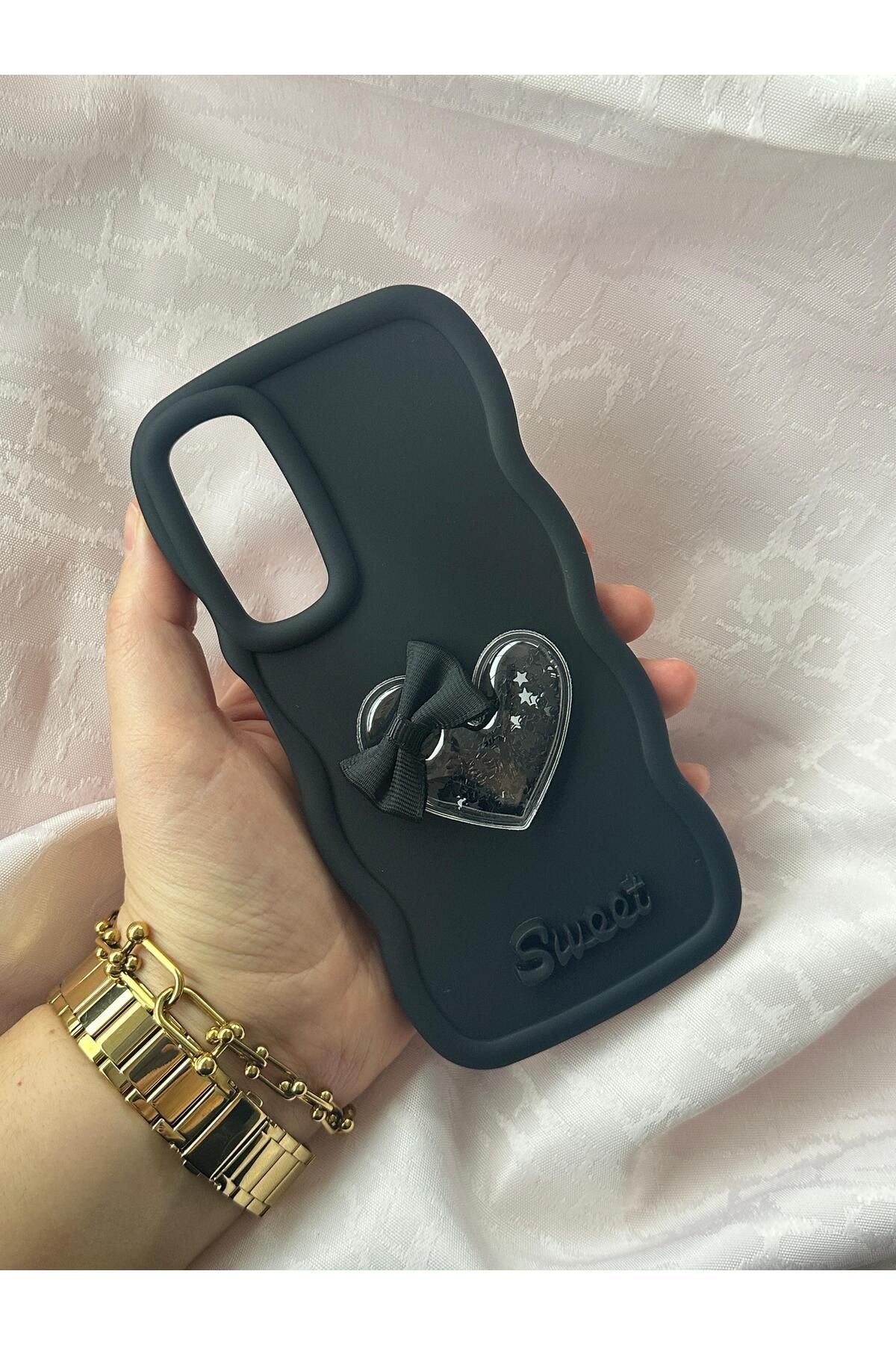 Samsung Galaxy A05s Renkli Kalp Kurdele Detaylı Simli Dalgalı Sweety Kılıf