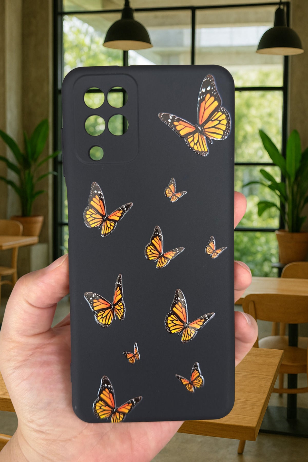 Samsung Galaxy A12 - Turuncu Kelebek Desenli Silikon Darbe Emici Klasik Korumalı Rubber Kılıf