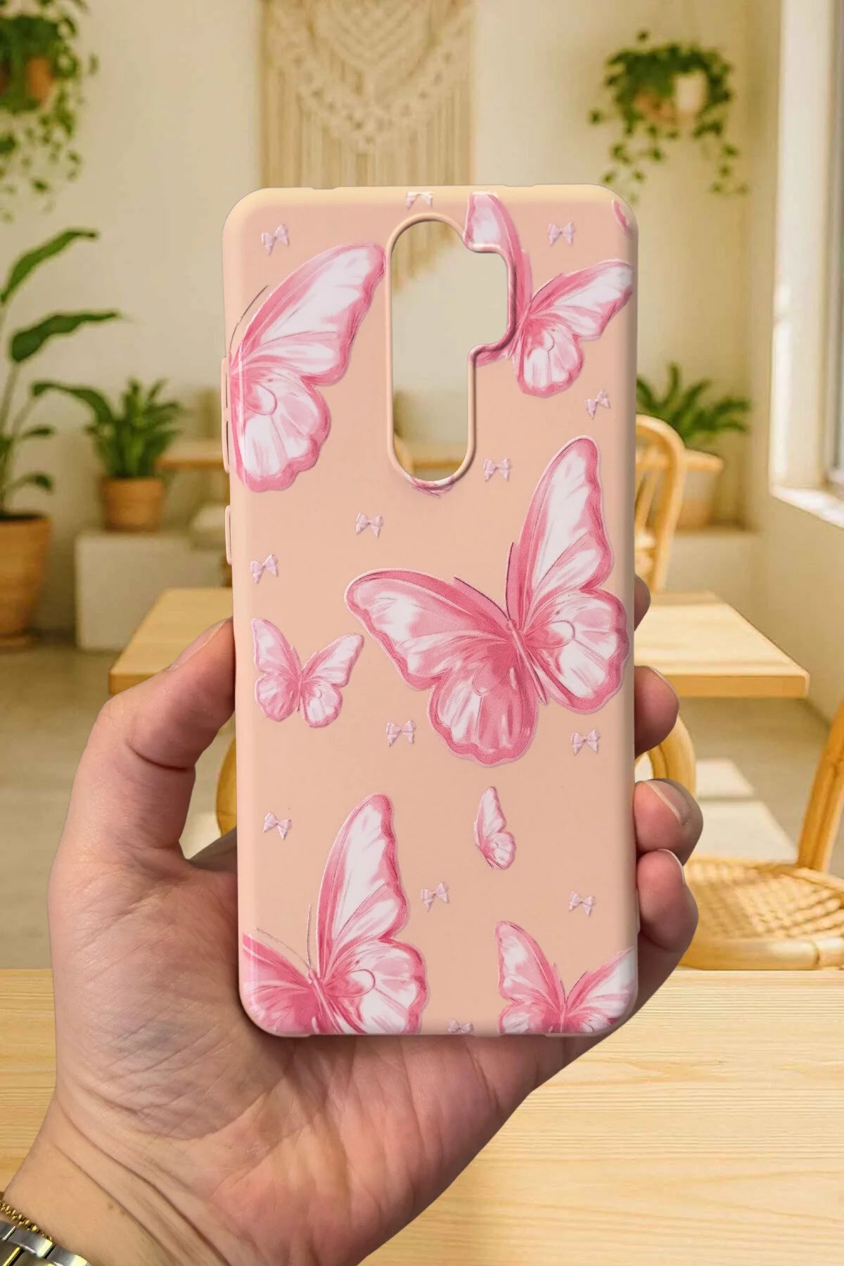 Xiaomi Redmi Note 8 Pro- PEMBE KELEBEK DESENLİ Silikon Darbe Emici Klasik Korumalı Rubber Kılıf