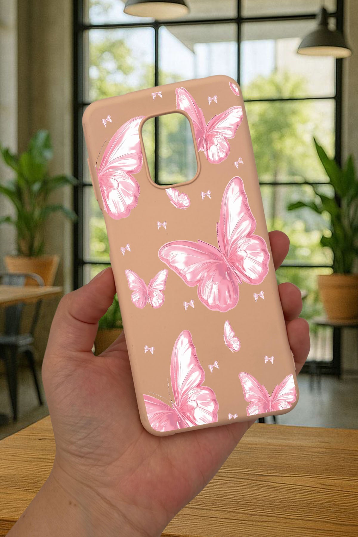 Redmi Note 9 Pro/9S Uyumlu PEMBE KELEBEK DESENLİ Silikon Darbe Emici Klasik Korumalı Rubber Kılıf