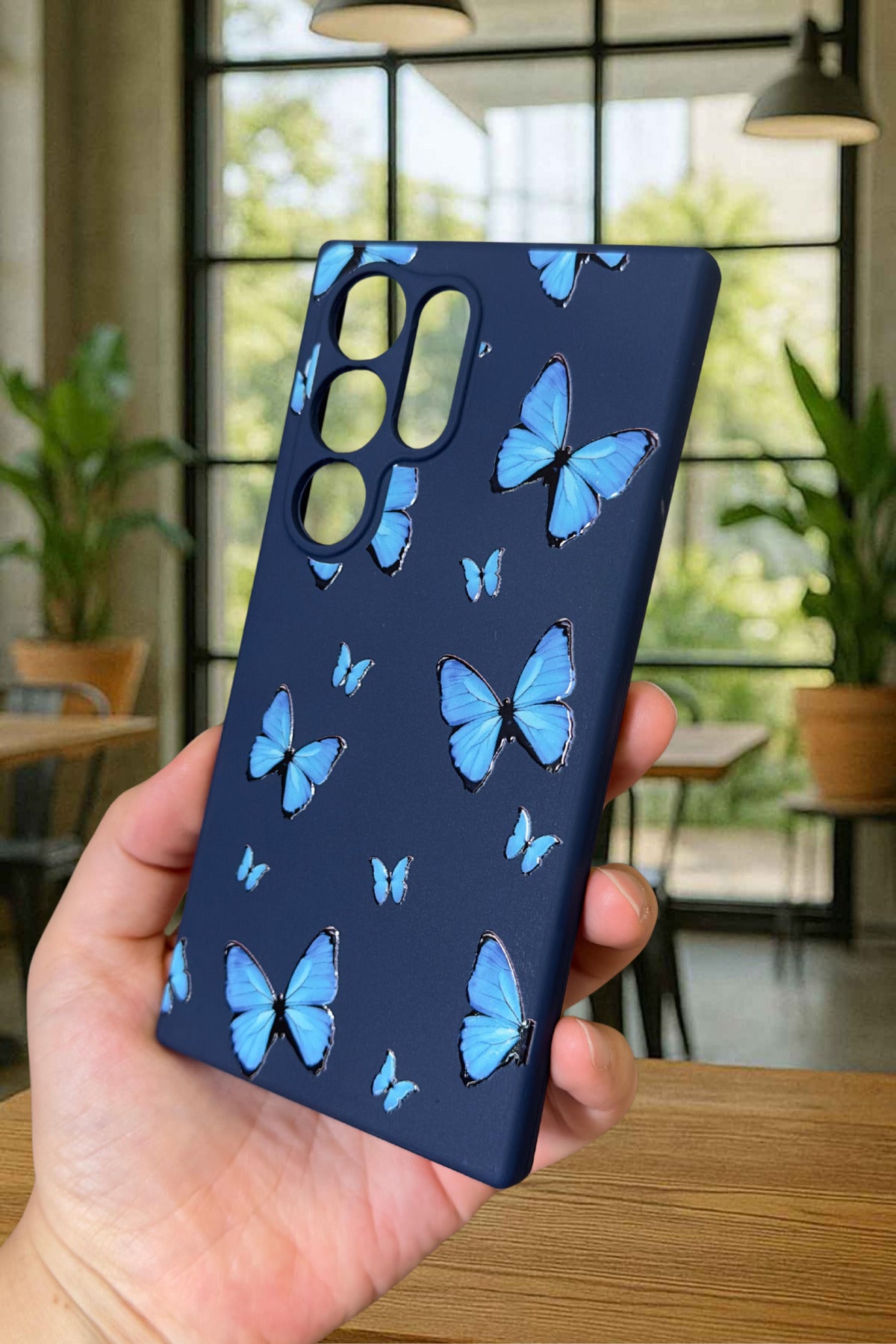 Samsung Galaxy S24 Ultra - MAVİ KELEBEK DESENLİ Silikon Darbe Emici Klasik Korumalı Rubber Kılıf