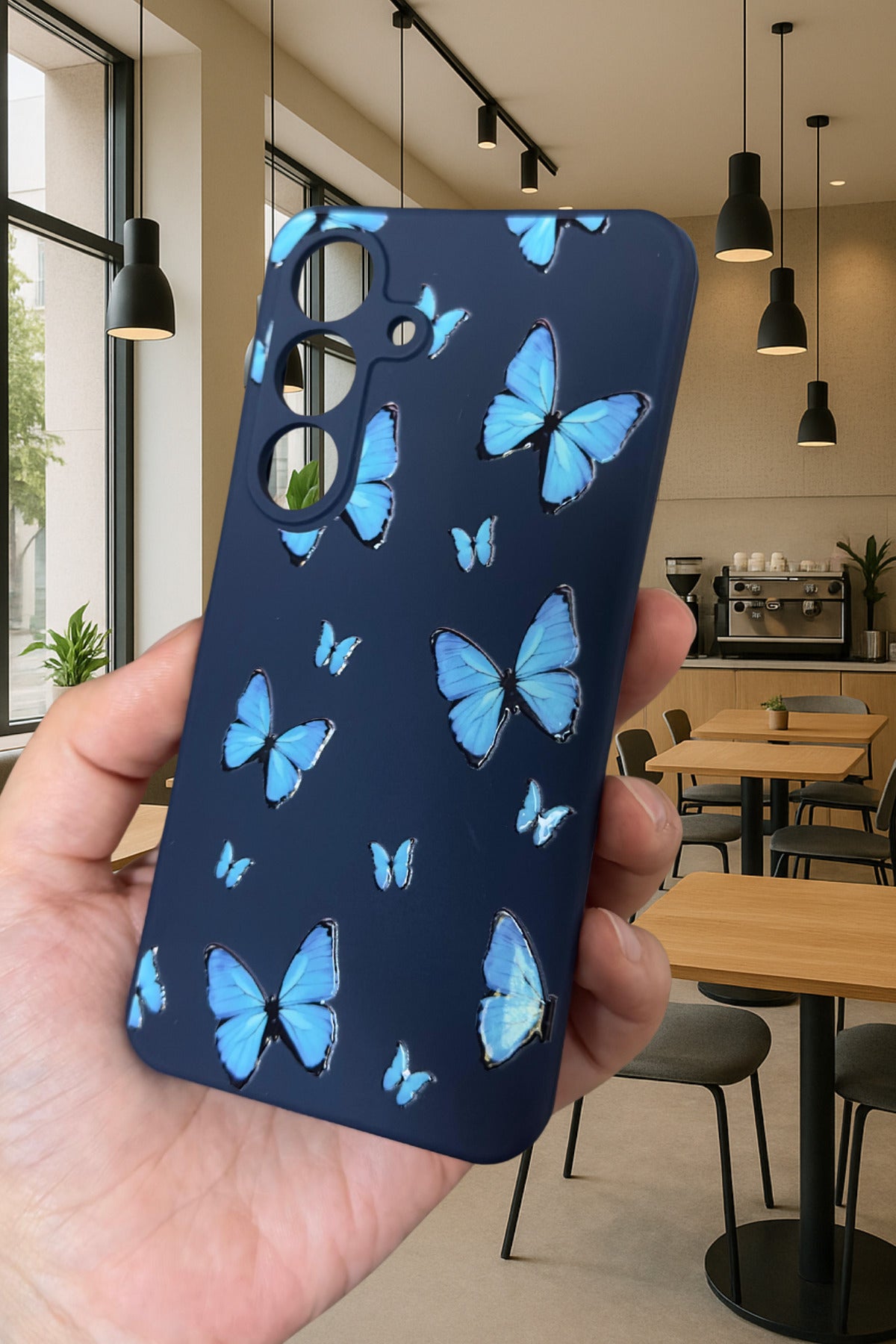 Samsung Galaxy A16 - MAVİ KELEBEK DESENLİ Silikon Darbe Emici Klasik Korumalı Rubber Kılıf