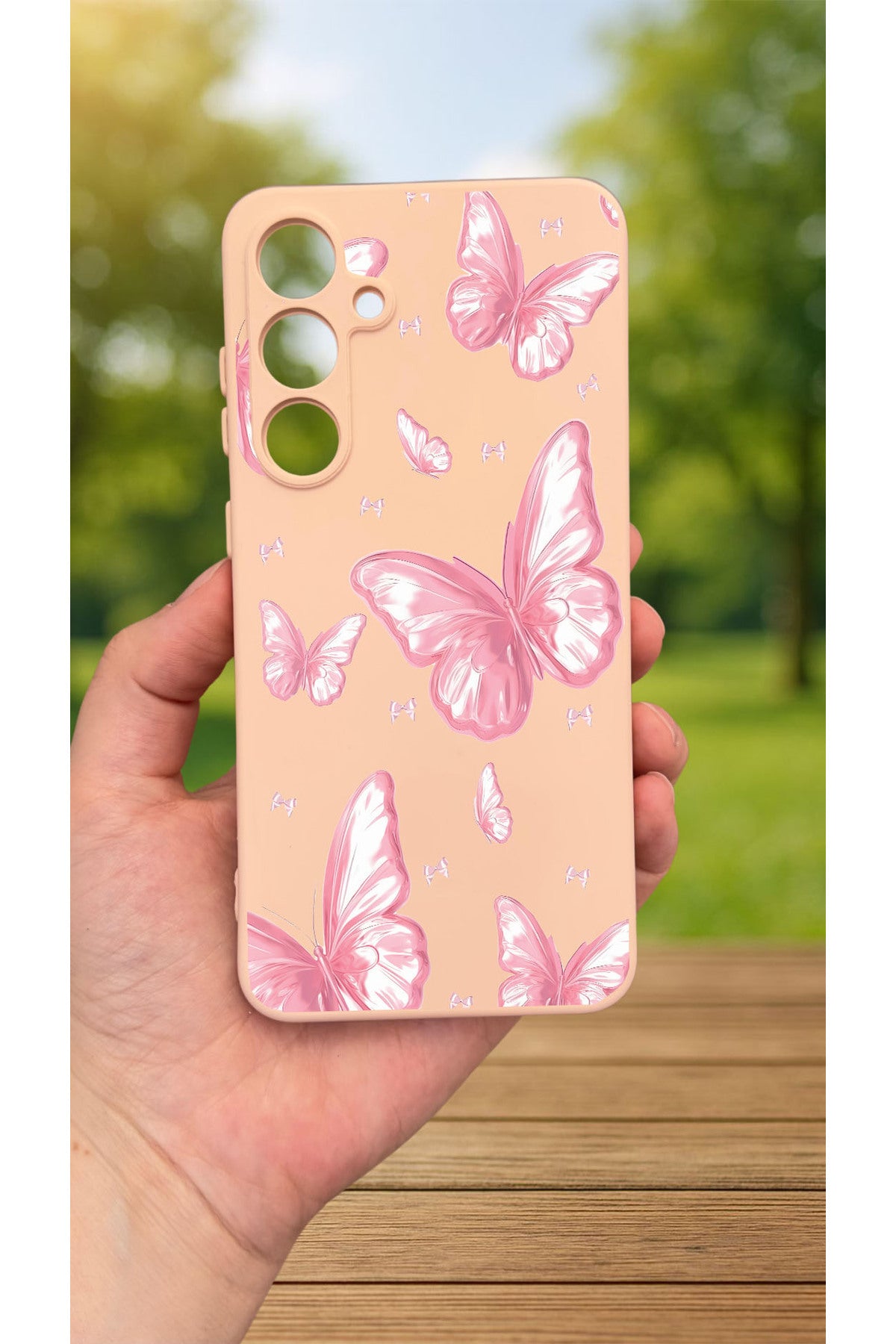 Samsung Galaxy A35 - PEMBE KELEBEK DESENLİ Silikon Darbe Emici Klasik Korumalı Rubber Kılıf