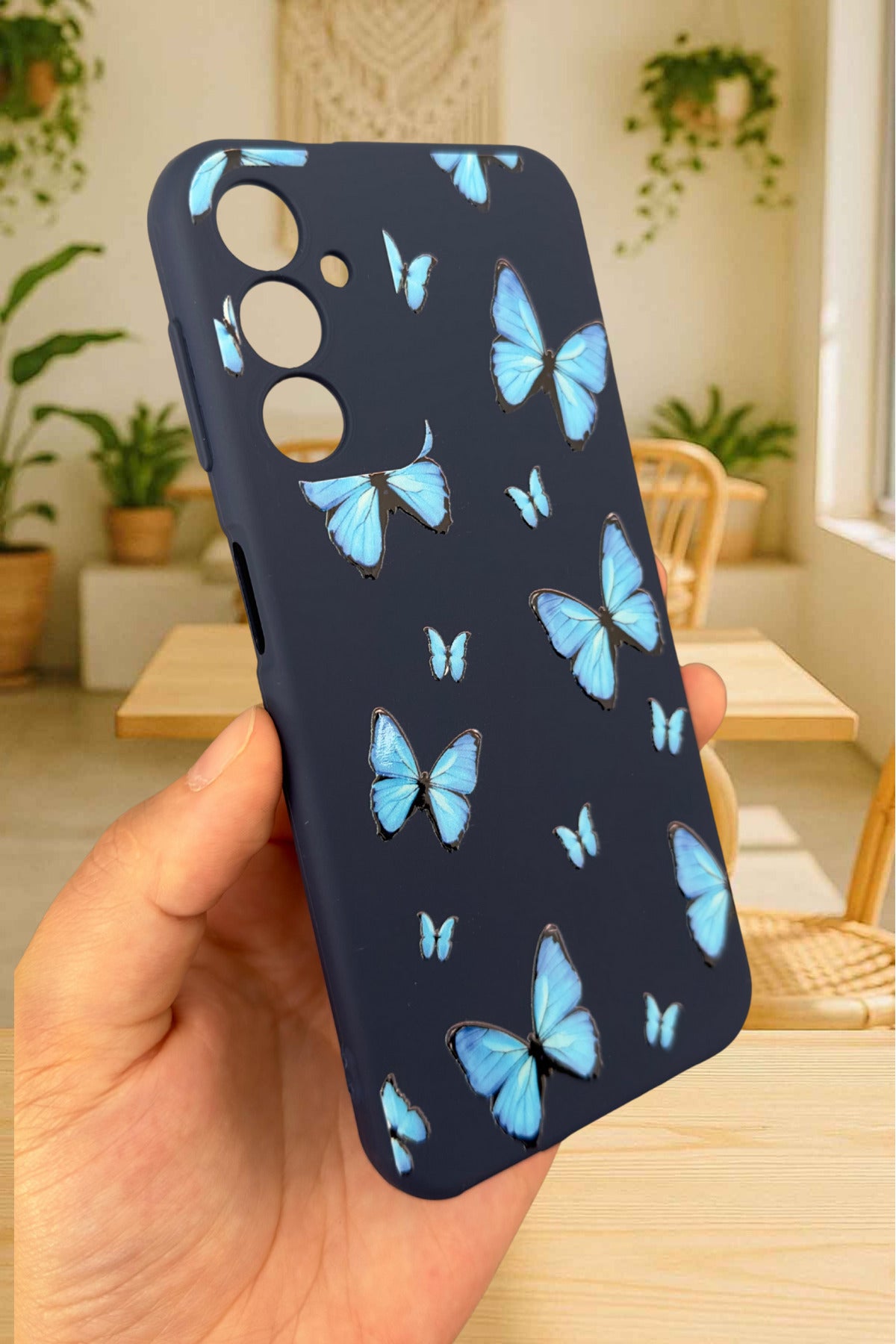 Samsung Galaxy A14 Uyumlu Mavi Kelebek Desenli Silikon Darbe Emici Klasik Korumalı Rubber Kılıf