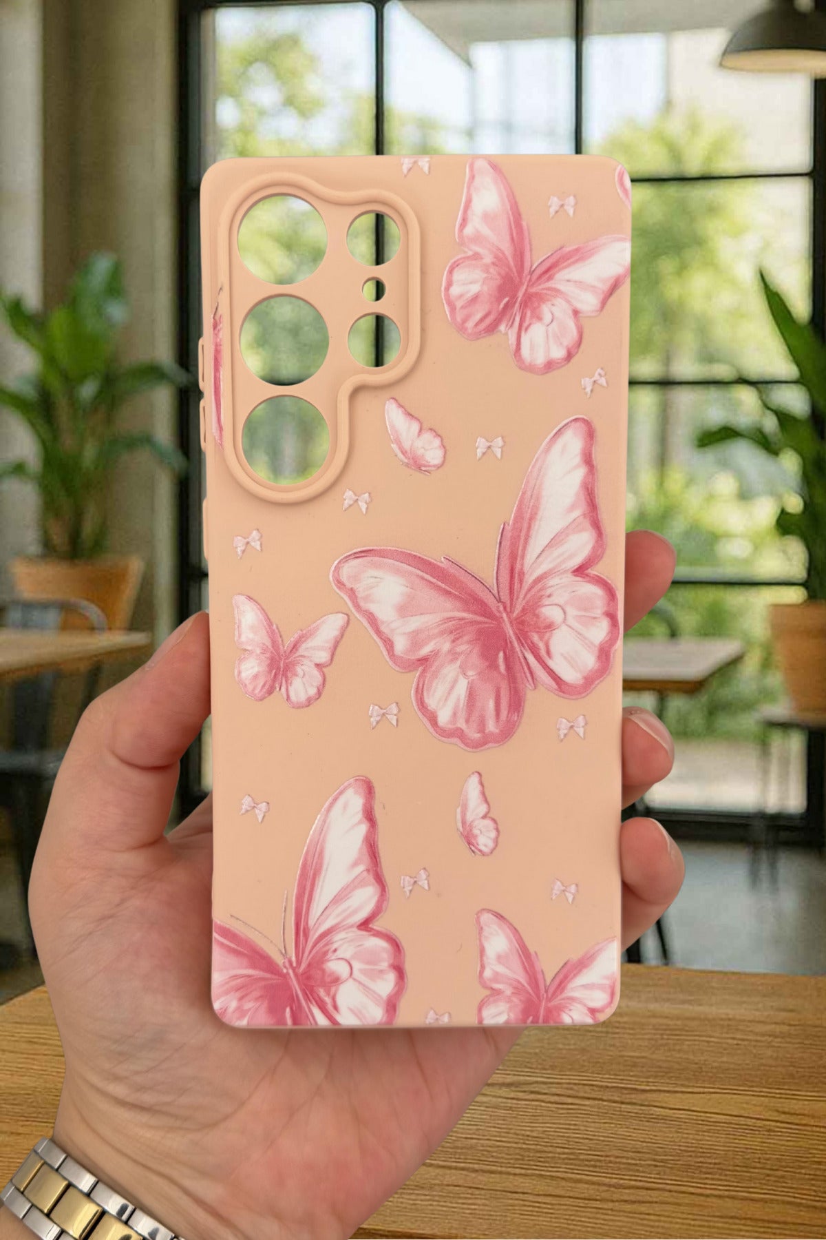 Samsung Galaxy S25 Ultra - Pembe Kelebek Desenli Silikon Darbe Emici Klasik Korumalı Rubber Kılıf