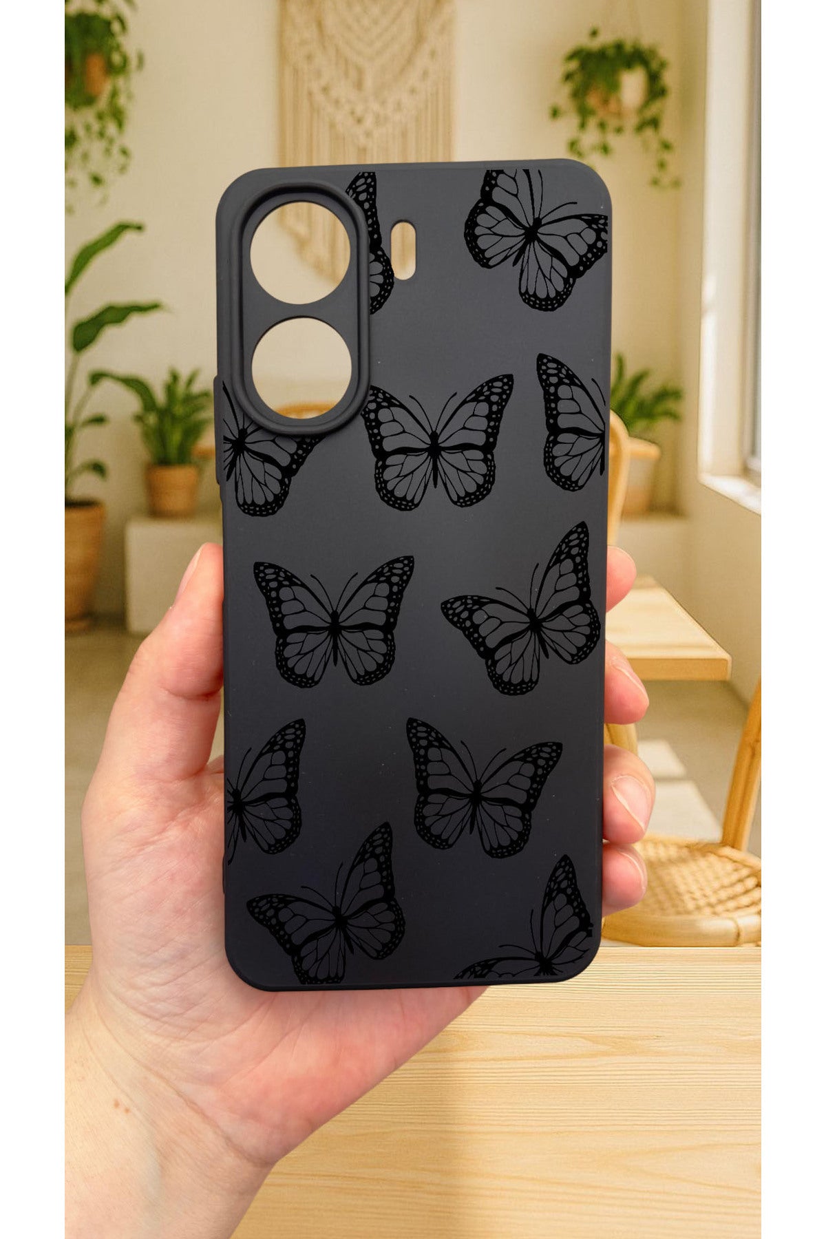 REDMİ 13C-Siyah kelebek desenli Lansman Kamera Korumalı Yumuşak Silikon RUBBER Kılıf