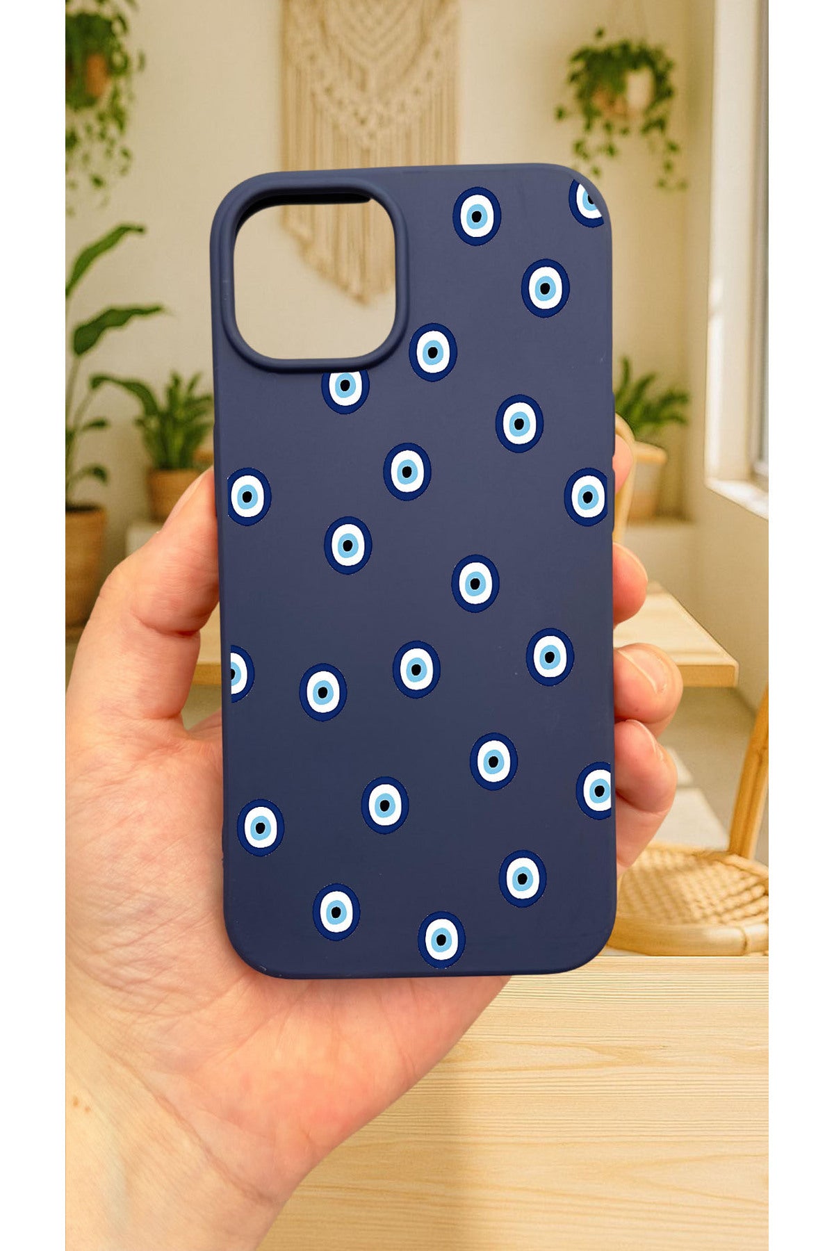 iPhone 12 ve 12 Pro Uyumlu MAVİ BONCUK DESENLİ Silikon Darbe Emici Klasik Korumalı Rubber Kılıf