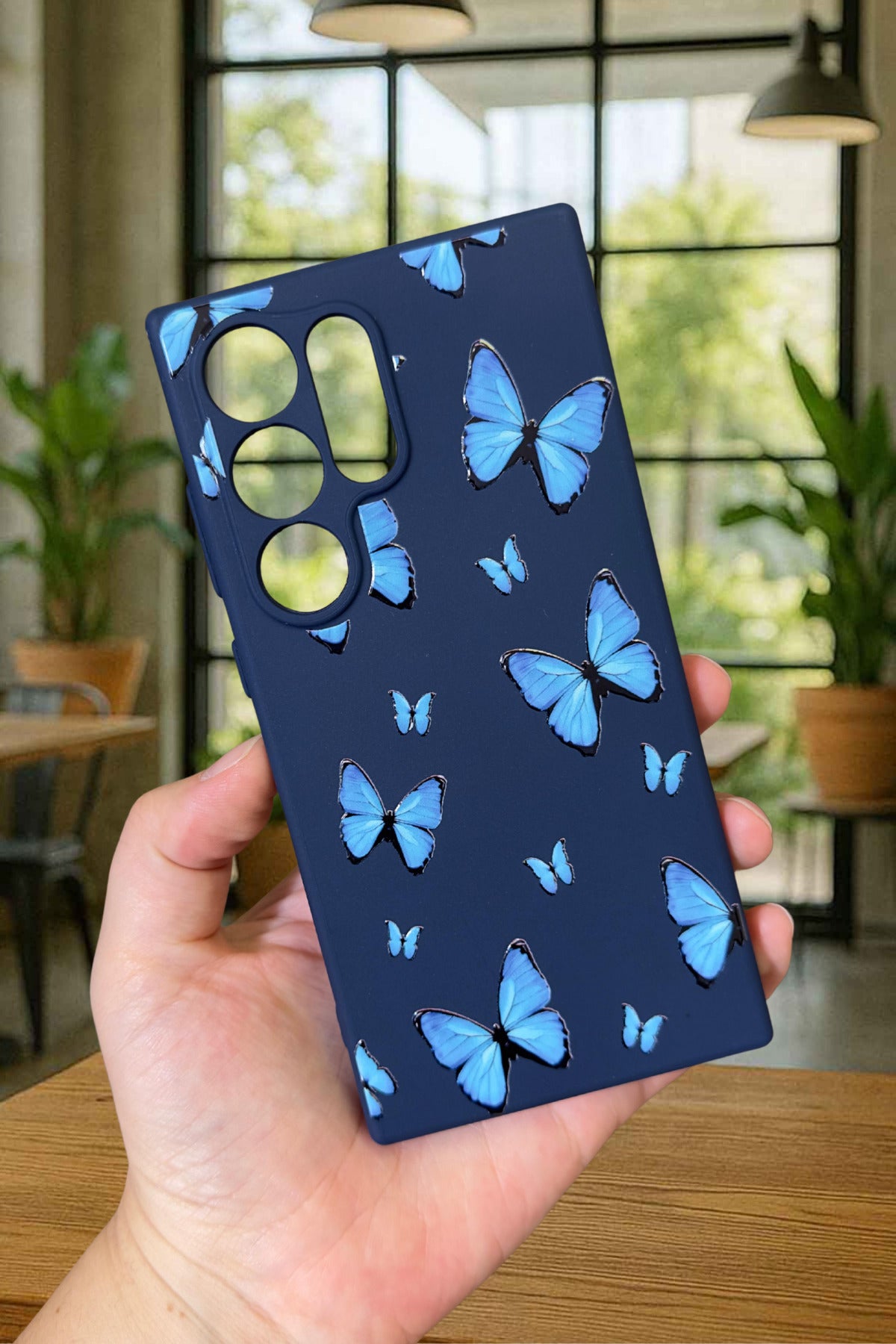 Samsung Galaxy S24 Ultra - MAVİ KELEBEK DESENLİ Silikon Darbe Emici Klasik Korumalı Rubber Kılıf