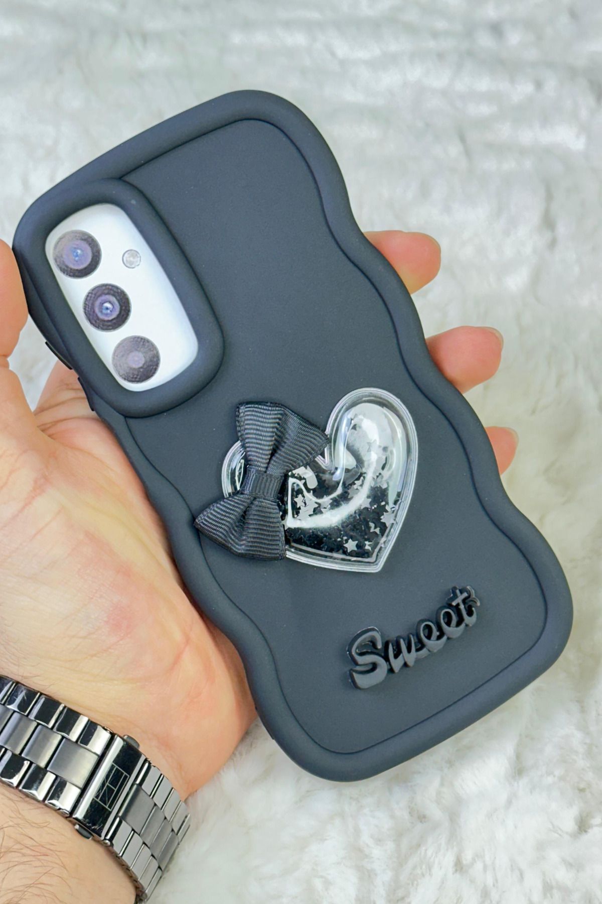 Samsung Galaxy A55 Uyumlu Renkli Kalp Kurdele Detaylı Simli Dalgalı Sweety Kılıf