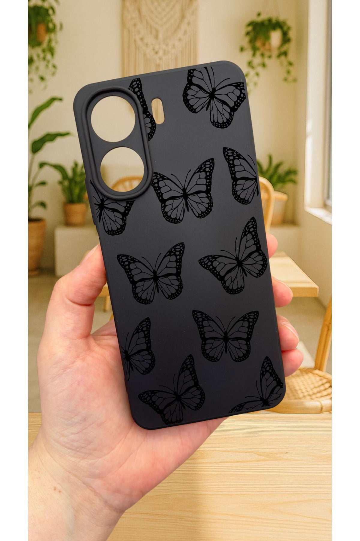 REDMİ 13C-Siyah kelebek desenli Lansman Kamera Korumalı Yumuşak Silikon RUBBER Kılıf