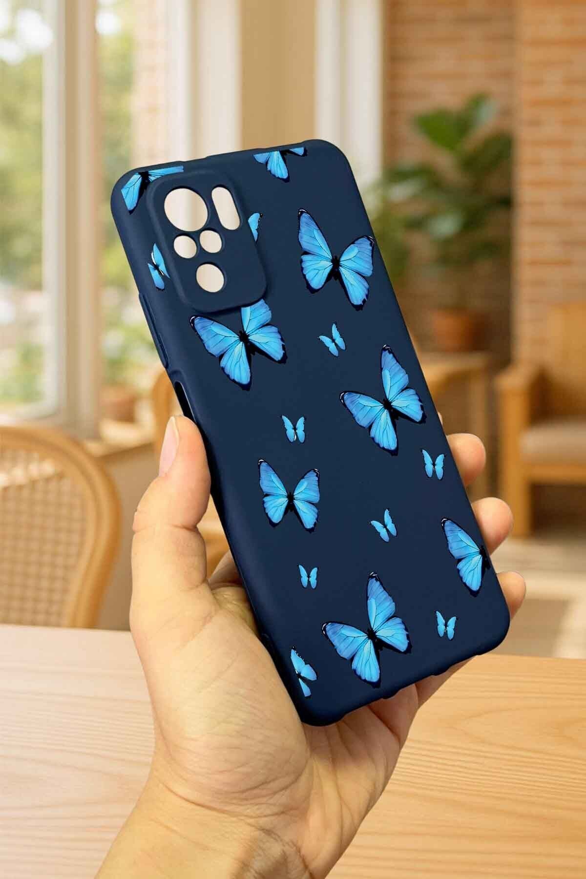 Redmi Note 10 ve 10S Uyumlu MAVİ KELEBEK DESENLİ Silikon Darbe Emici Klasik Korumalı Rubber Kılıf
