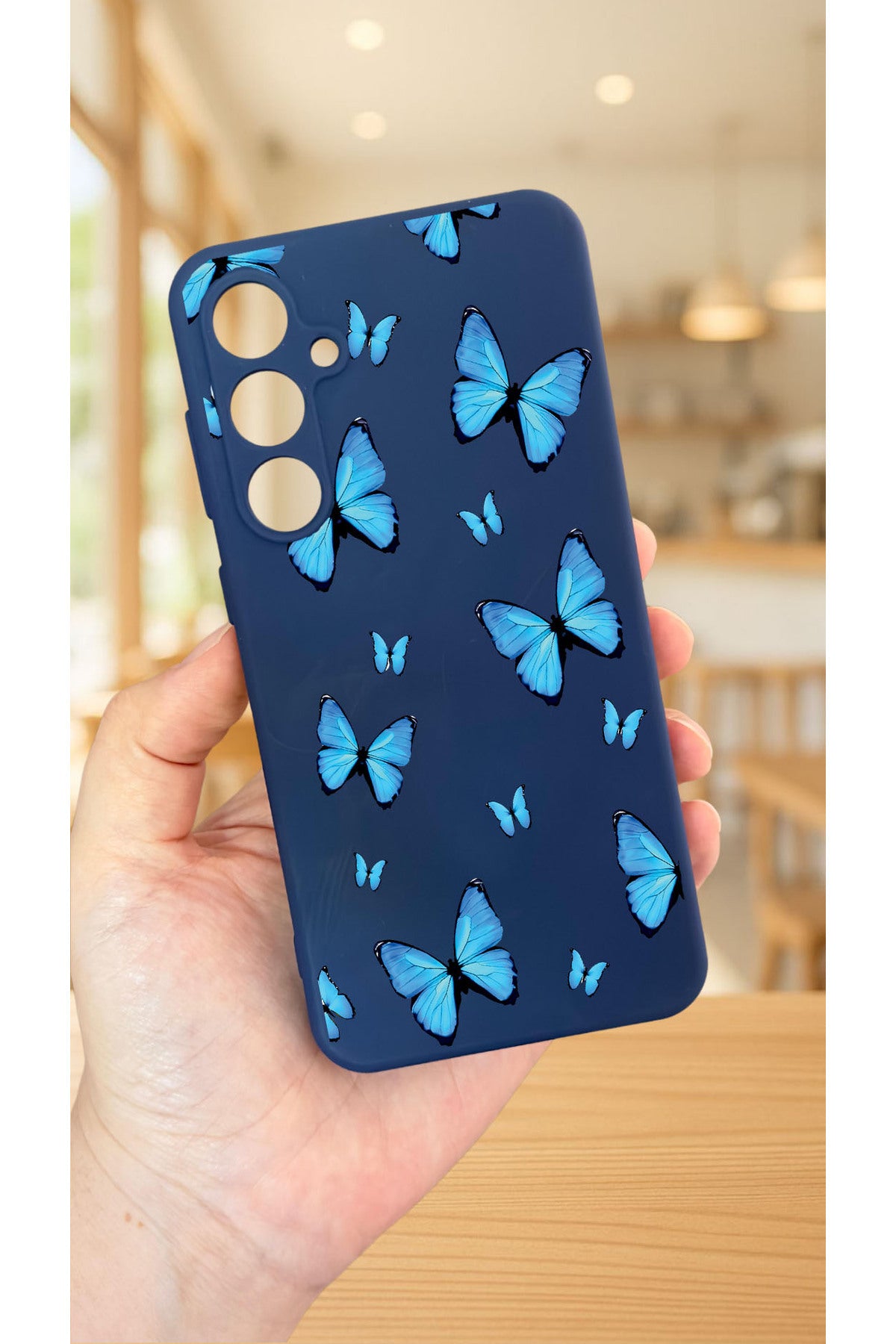 Samsung Galaxy S24FE -MAVİ KELEBEK DESEN Silikon Darbe Emici Klasik Korumalı Rubber Kılıf