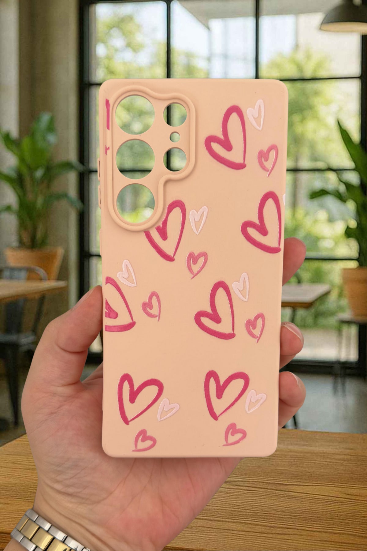 Samsung Galaxy S25 Ultra - Pembe Kalp Desenli Silikon Darbe Emici Klasik Korumalı Rubber Kılıf