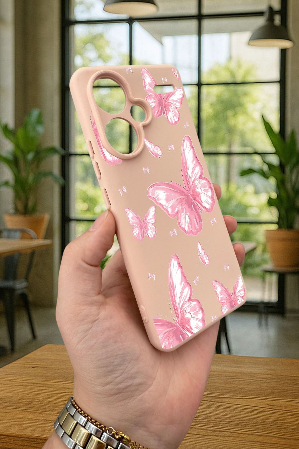 Redmi Note 13 Pro Plus PEMBE KELEBEK DESENLİ Silikon Darbe Emici Klasik Korumalı Rubber Kılıf