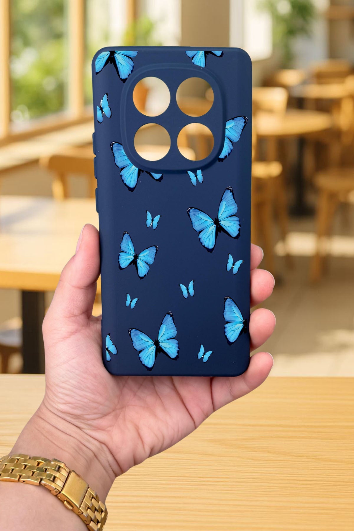 Xiaomi Redmi Note 14 Pro 5G MAVİ KELEBEK DESENLİ Silikon Darbe Emici Klasik Korumalı Rubber Kılıf