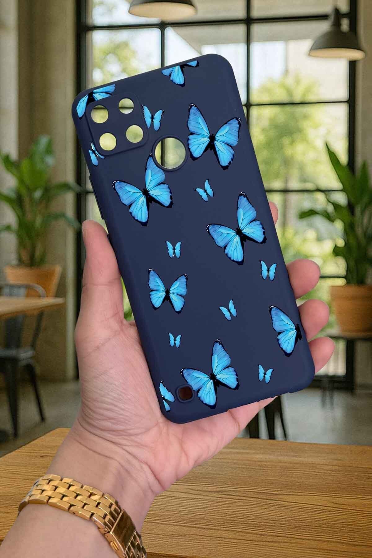 Realme C21Y Ve C25Y - MAVİ KELEBEK DESENLİ Silikon Darbe Emici Klasik Korumalı Rubber Kılıf