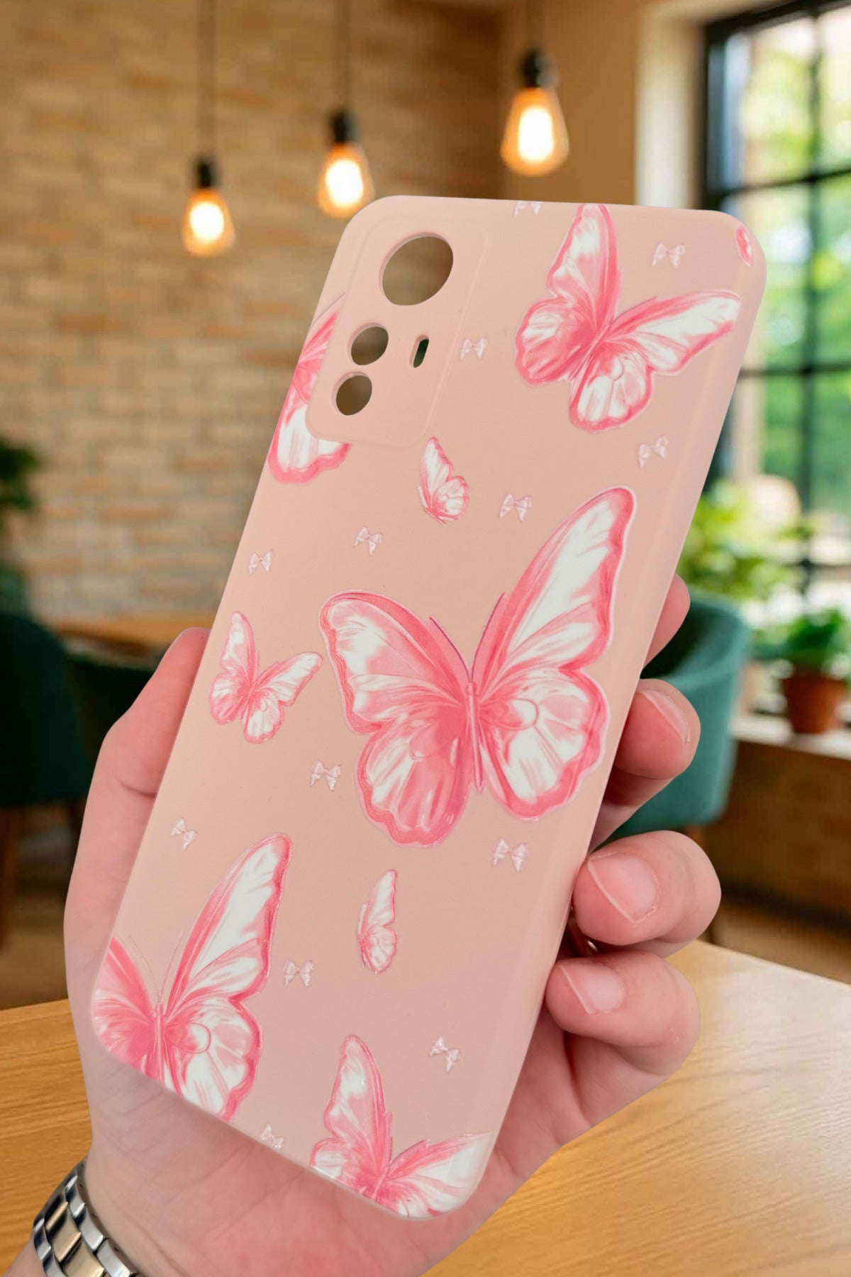 Xiaomi Redmi Note 12S - PEMBE KELEBEK DESENLİ Silikon Darbe Emici Klasik Korumalı Rubber Kılıf