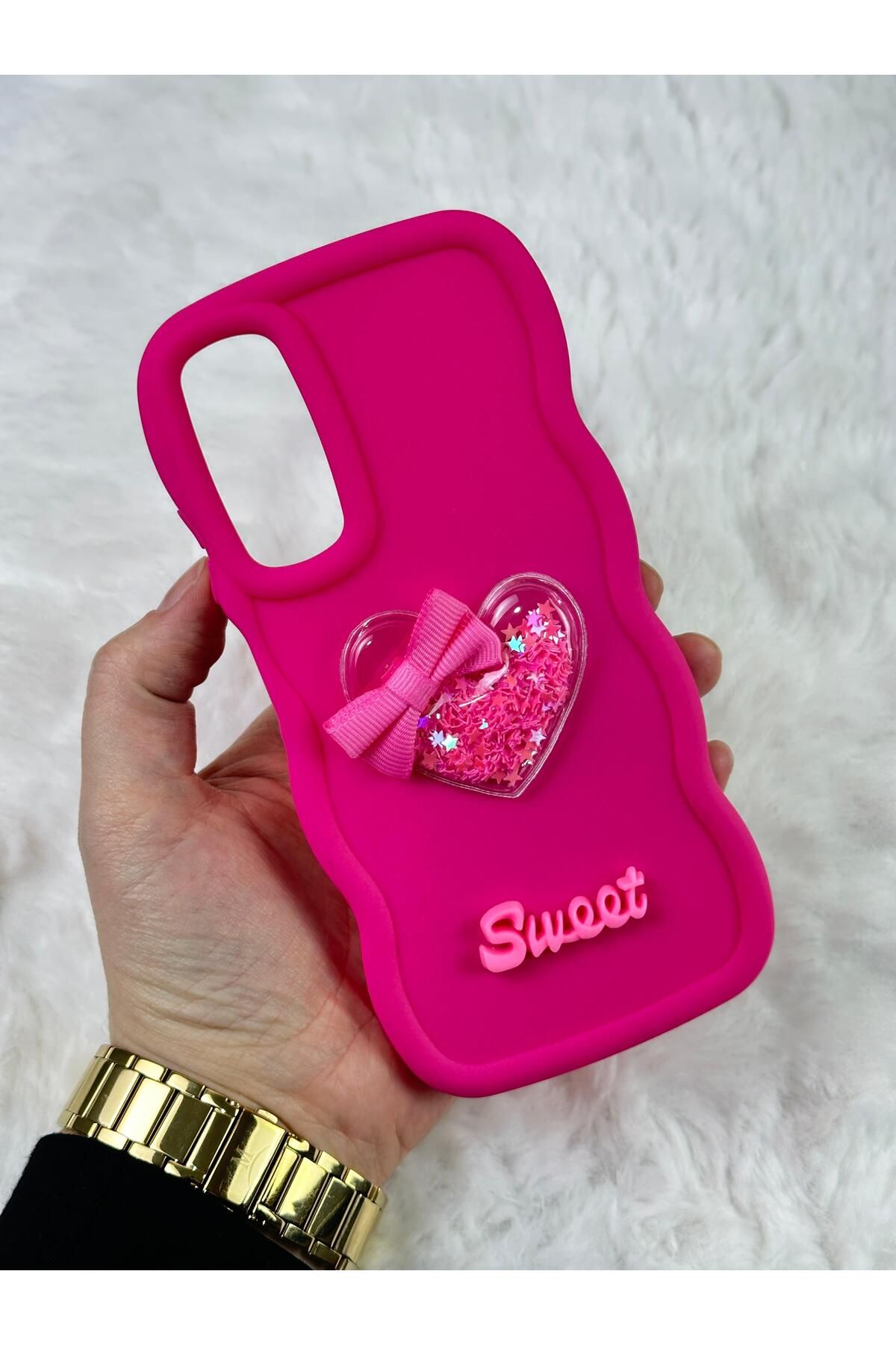 Samsung Galaxy A05s Renkli Kalp Kurdele Detaylı Simli Dalgalı Sweety Kılıf