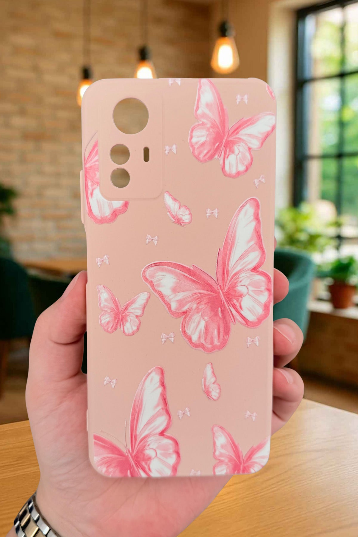 Xiaomi Redmi Note 12S - PEMBE KELEBEK DESENLİ Silikon Darbe Emici Klasik Korumalı Rubber Kılıf