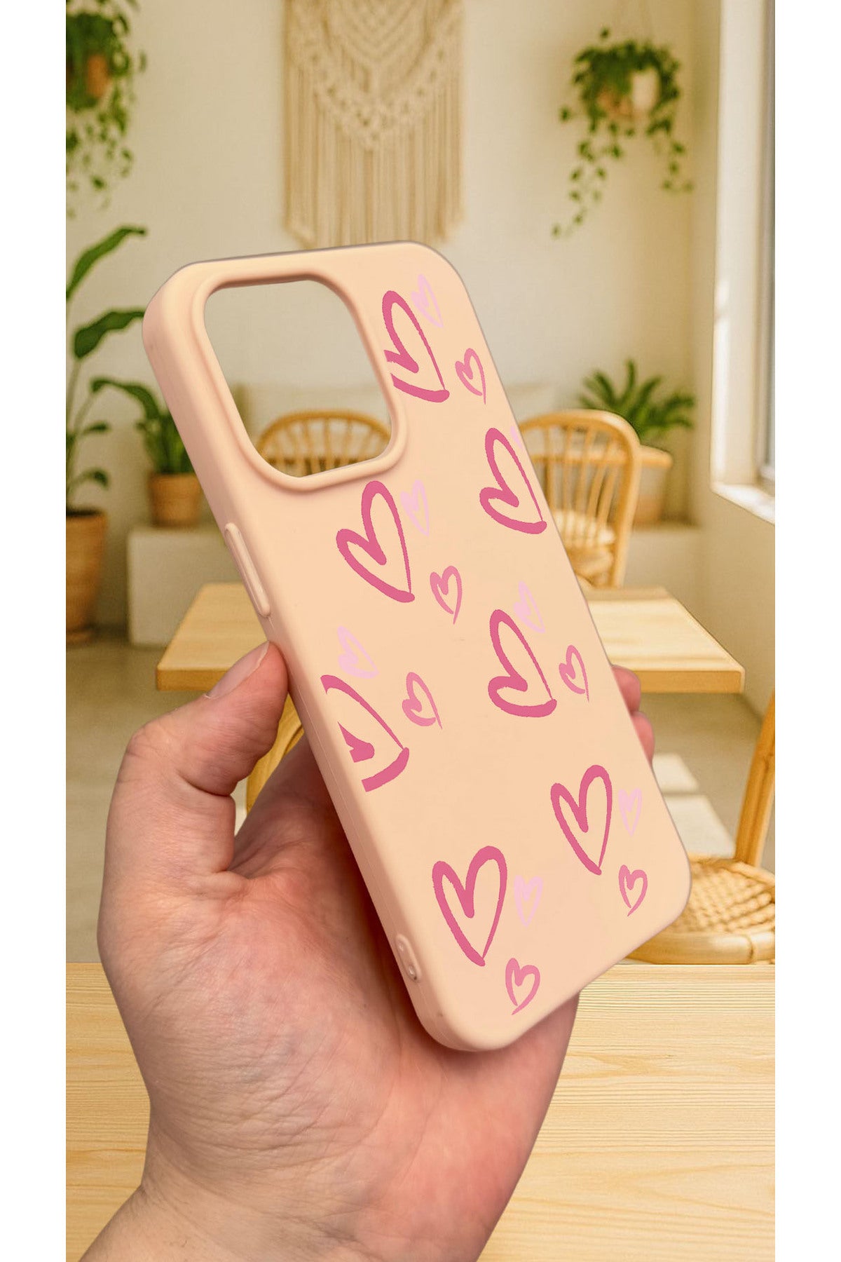 iPhone 15 Pro Max - PEMBE KALP DESENLİ Silikon Darbe Emici Klasik Korumalı Rubber Kılıf