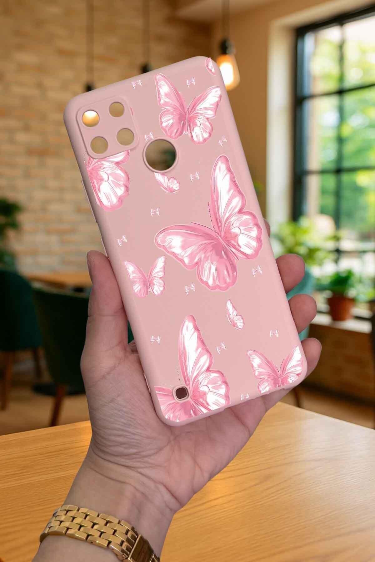 Realme C21Y Ve C25Y -PEMBE KELEBEK DESENLİ Silikon Darbe Emici Klasik Korumalı Rubber Kılıf