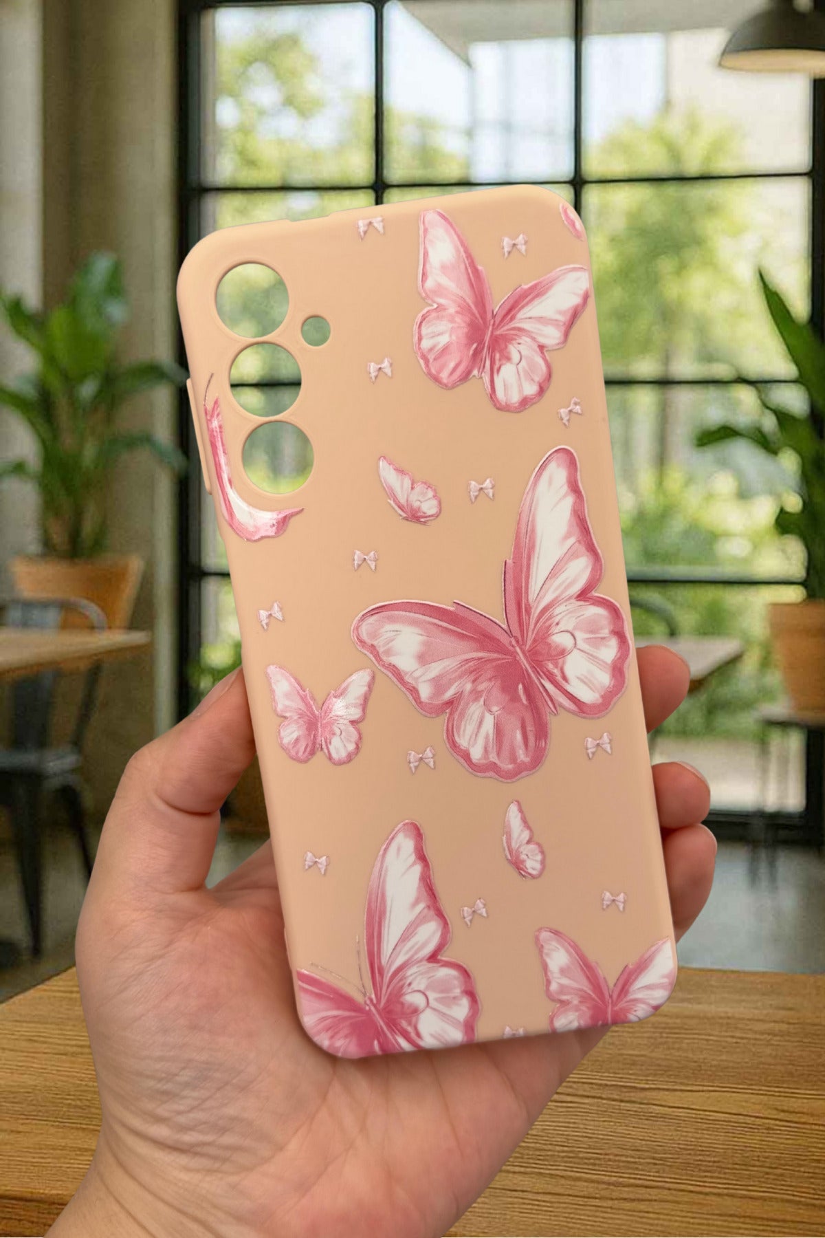 Samsung Galaxy A14 Uyumlu Pembe Kelebek Desenli Silikon Darbe Emici Klasik Korumalı Rubber Kılıf