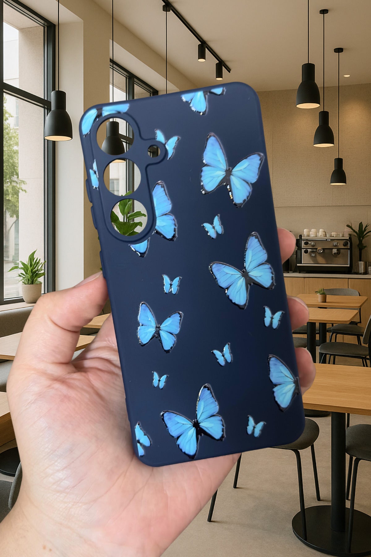 Samsung Galaxy A16 - MAVİ KELEBEK DESENLİ Silikon Darbe Emici Klasik Korumalı Rubber Kılıf