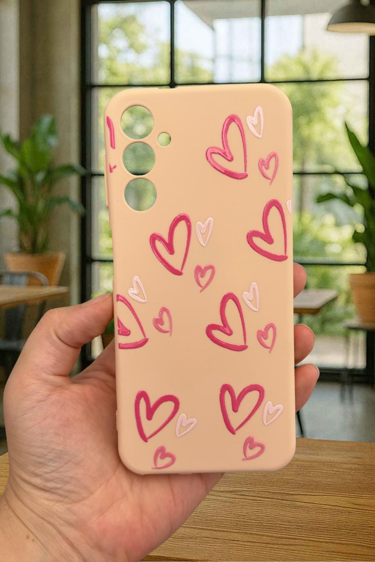 Samsung Galaxy A14 Uyumlu Pembe Kalp Desenli Silikon Darbe Emici Klasik Korumalı Rubber Kılıf