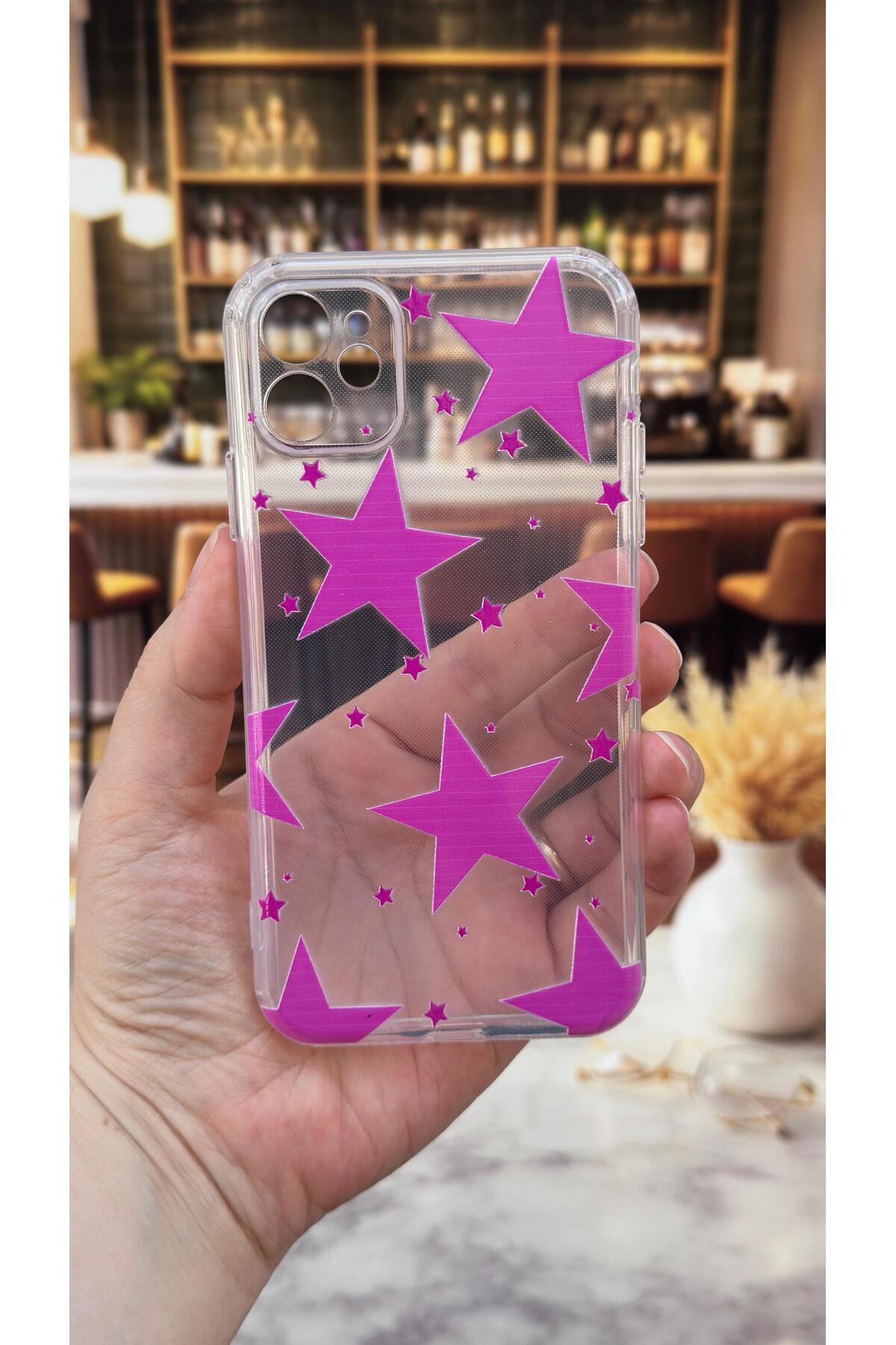 Iphone 11 Uyumlu Pembe Yıldız Desenli Şeffaf Darbe Emici Kamera Korumalı Clear Kılıf