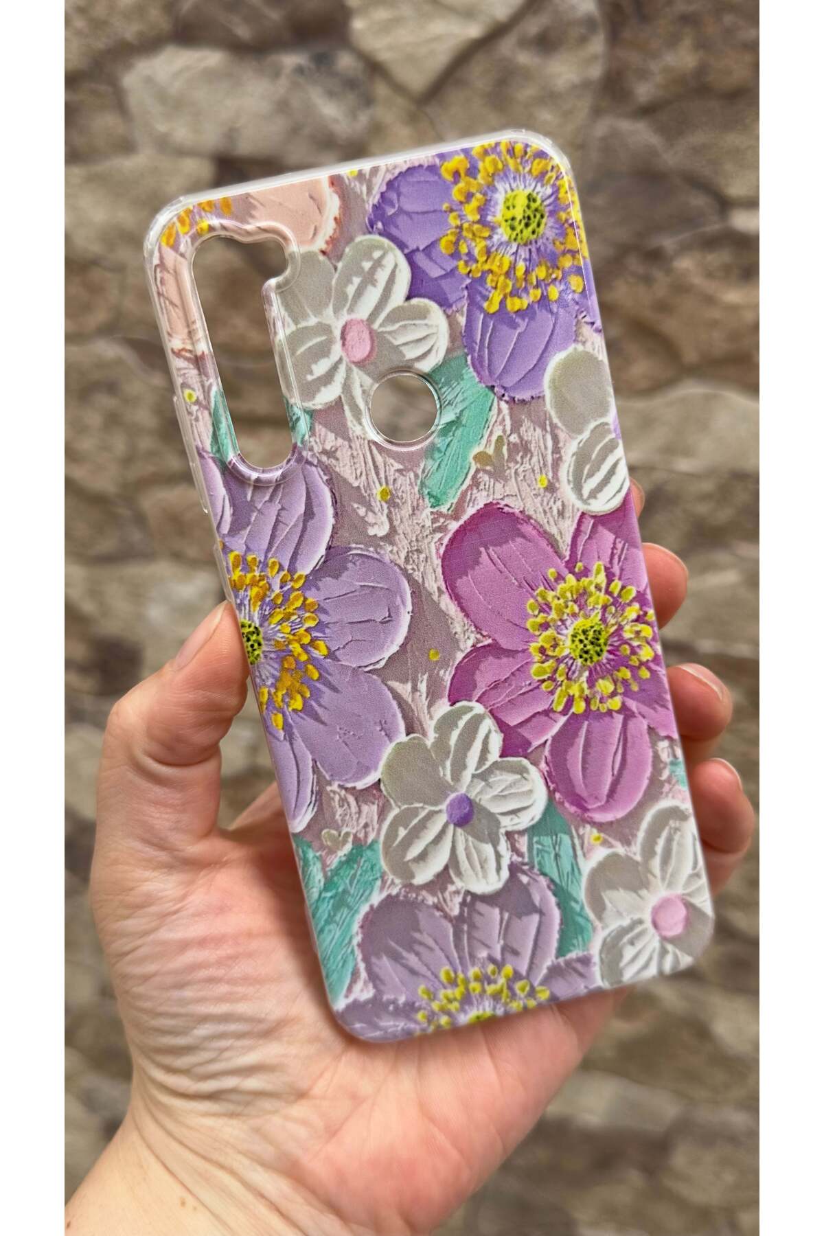 Redmi Note 8 Uyumlu Mor Çiçek Desenli Şeffaf Darbe Emici Kamera Korumalı Clear Kılıf
