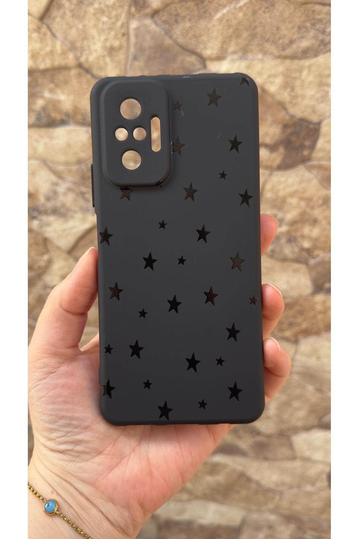 Redmi Note 10 Pro Uyumlu Mini Siyah Yıldız Desenli Silikon Darbe Emici Klasik Korumalı Rubber Kılıf