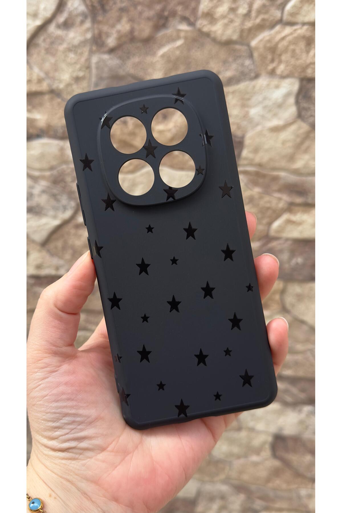 Redmi Note 14 Pro 4G Uyumlu Mini Siyah Yıldız Desenli Silikon Darbe Emici Klasik Korumalı Rubber Kılıf