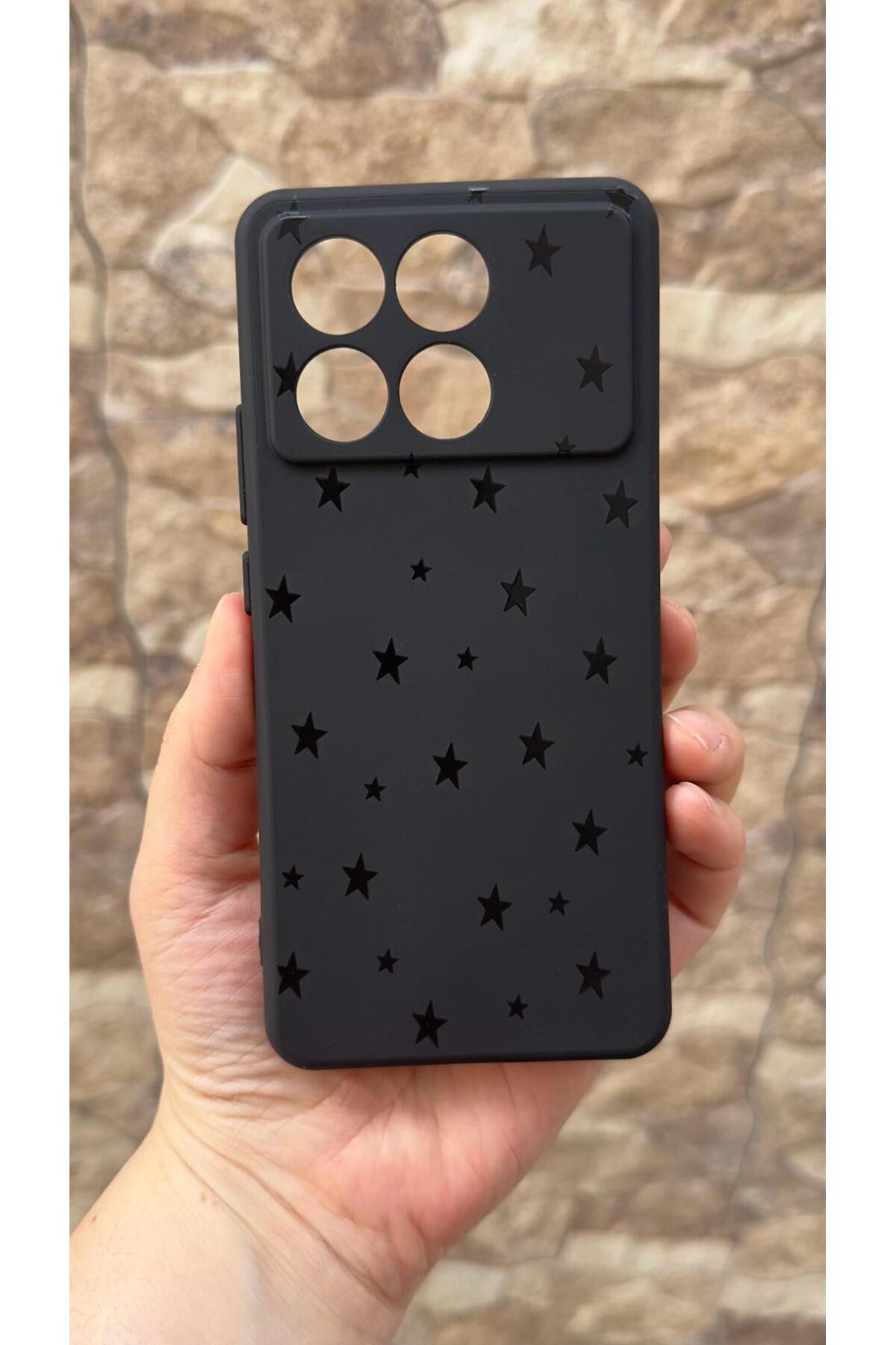 Poco X6 Pro 5G Uyumlu Mini Siyah Yıldız Desenli Silikon Darbe Emici Klasik Korumalı Rubber Kılıf